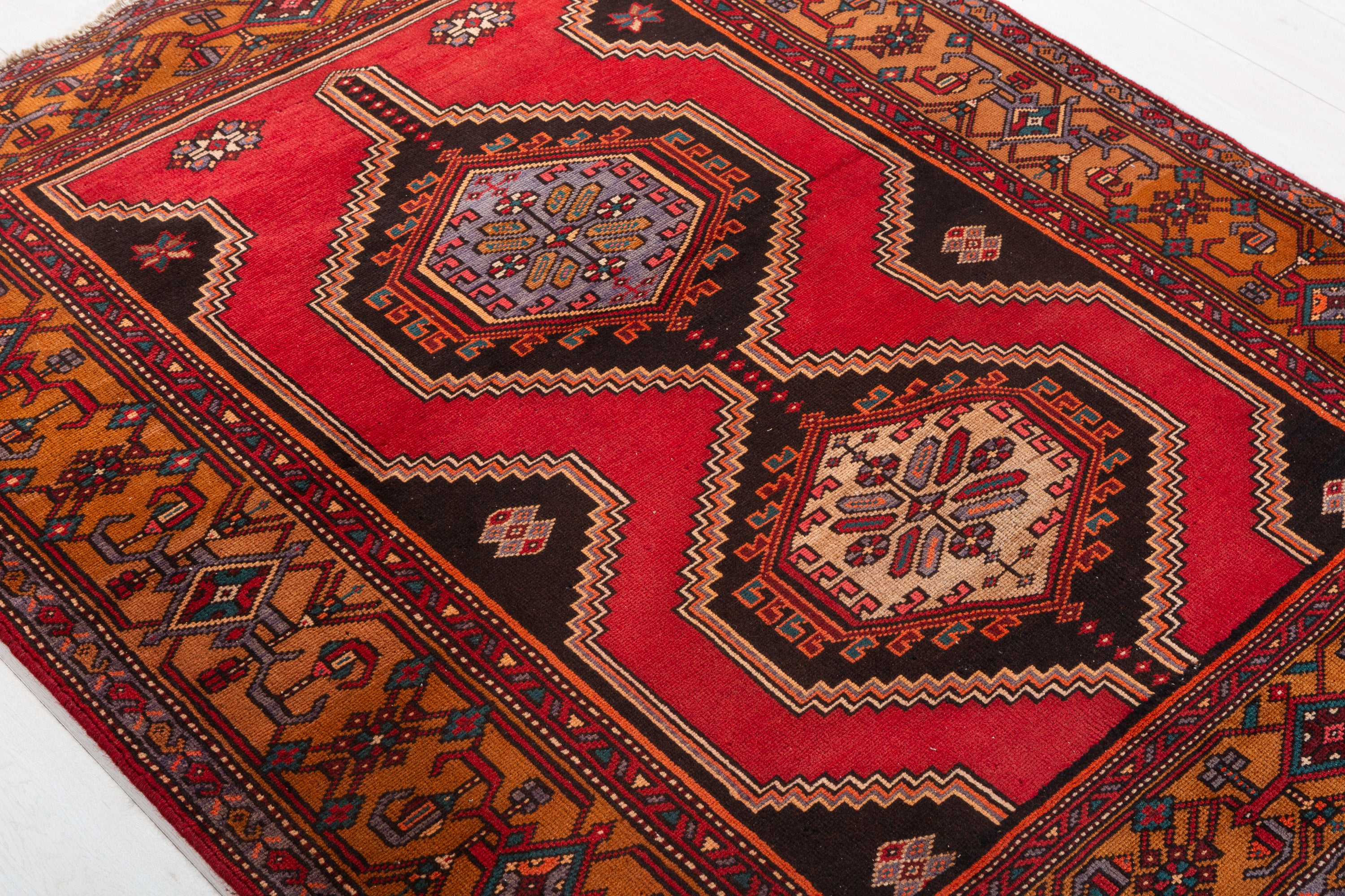 Collectible Vintage Red, Golden Brown Double Medallion Square Rug – 5' 0" x 4' 4" (152 x 131 cm)
