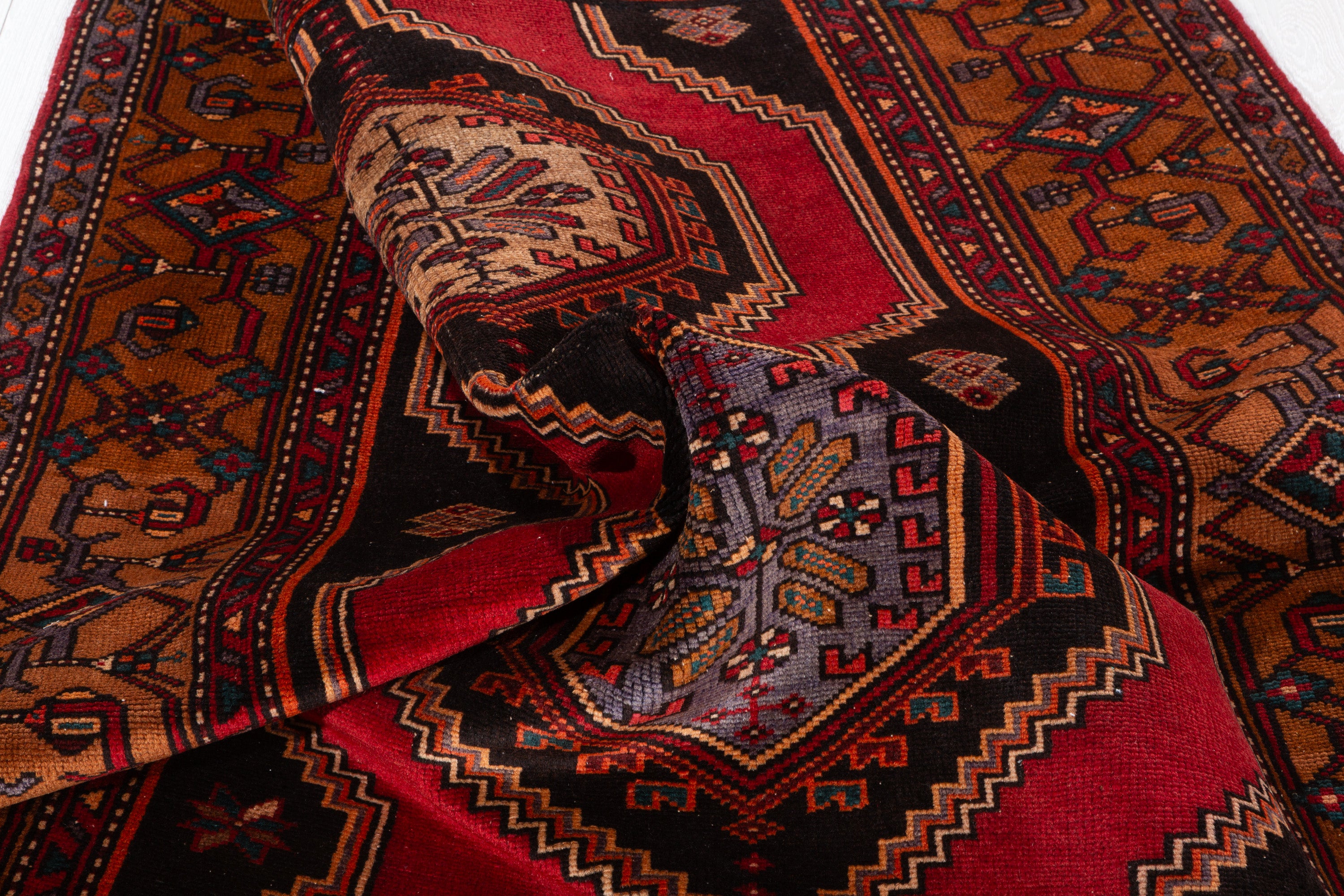 Collectible Vintage Red, Golden Brown Double Medallion Square Rug – 5' 0" x 4' 4" (152 x 131 cm)