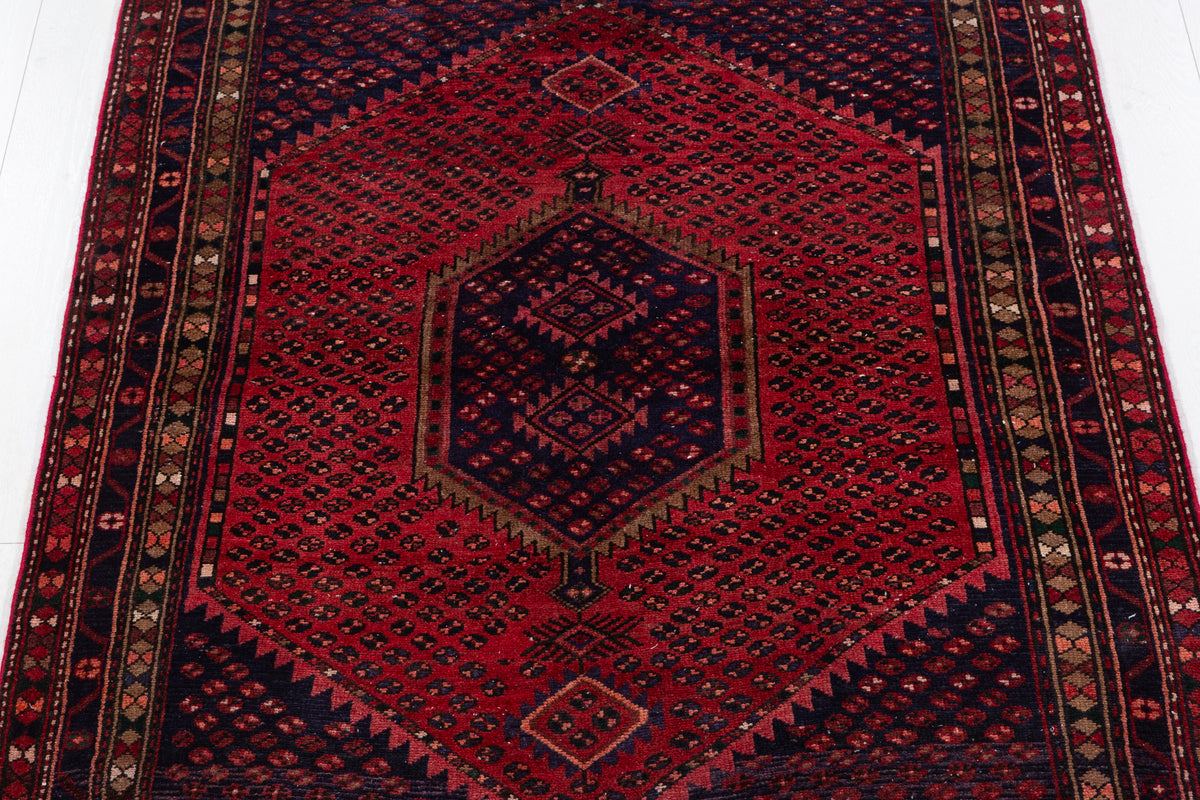 Vintage Rust Red, Navy Blue Geometric Medallion Area Rug – 7' 0" x 4' 5" (214 x 134 cm)