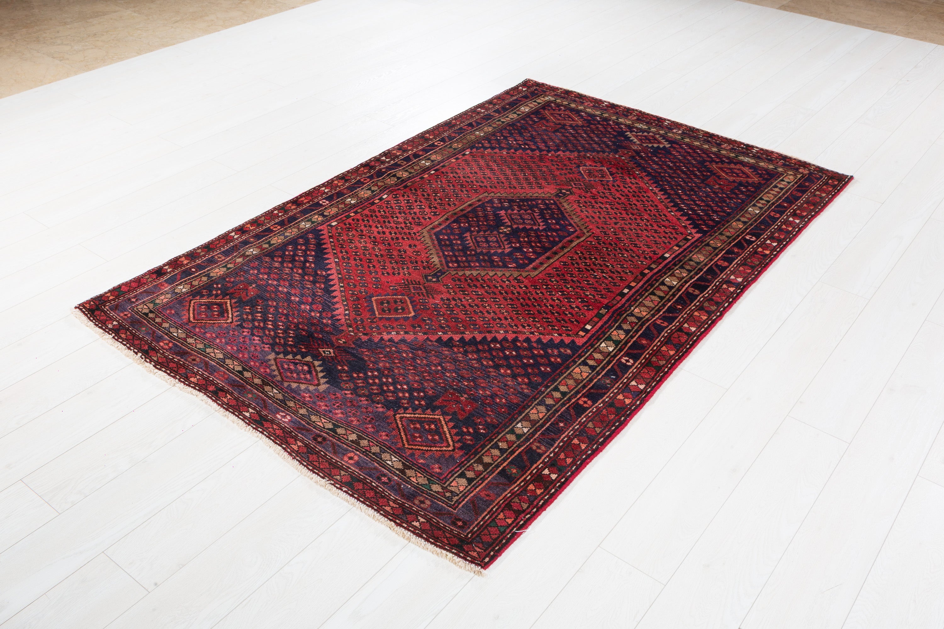 Vintage Rust Red, Navy Blue Geometric Medallion Area Rug – 7' 0" x 4' 5" (214 x 134 cm)