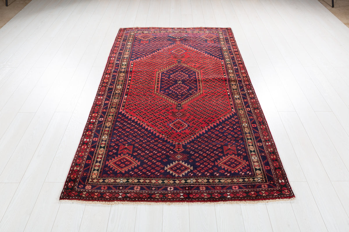 Vintage Rust Red, Navy Blue Geometric Medallion Area Rug – 7' 0" x 4' 5" (214 x 134 cm)