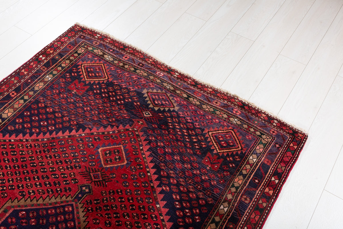 Vintage Rust Red, Navy Blue Geometric Medallion Area Rug – 7' 0" x 4' 5" (214 x 134 cm)