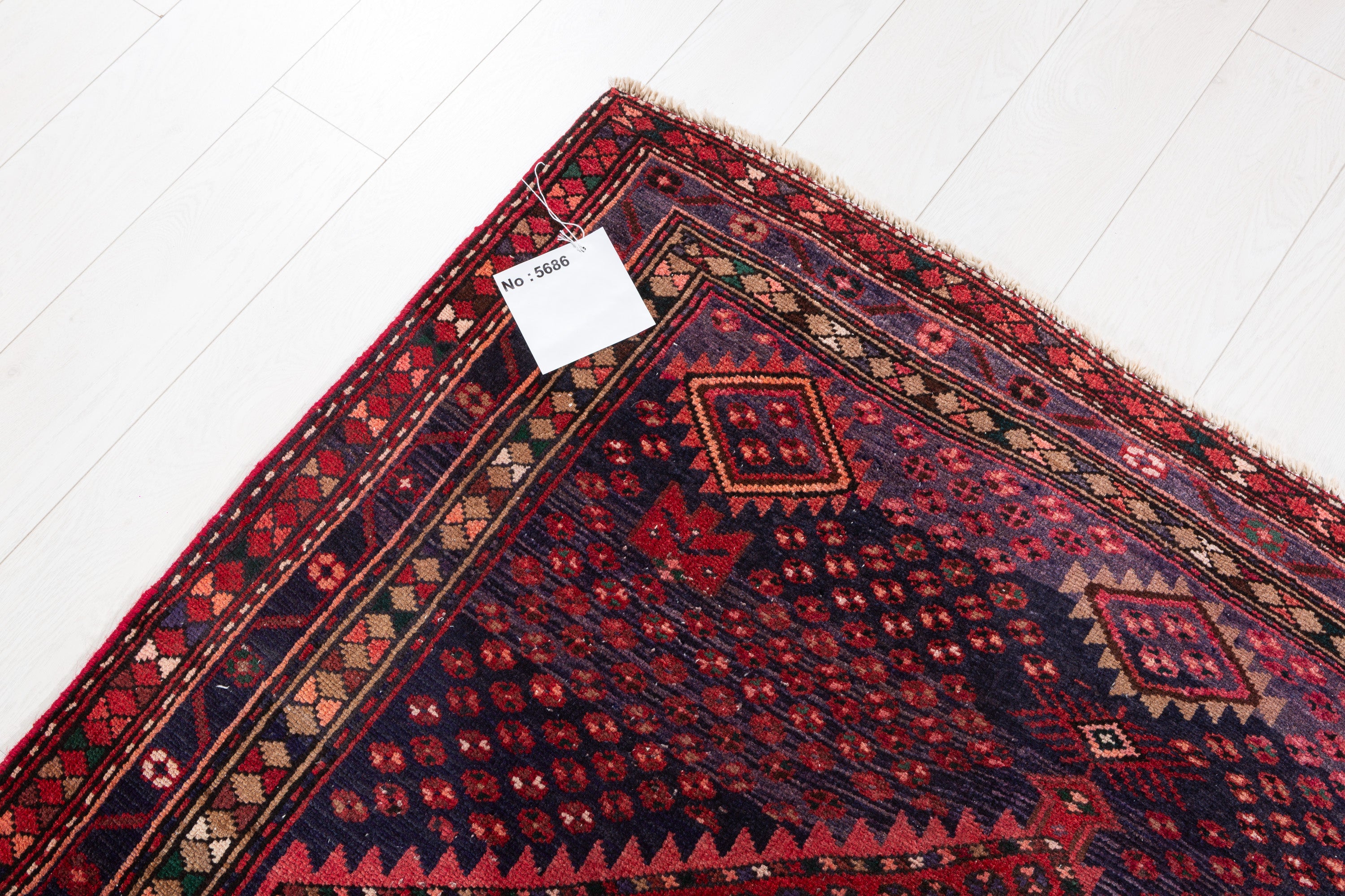 Vintage Rust Red, Navy Blue Geometric Medallion Area Rug – 7' 0" x 4' 5" (214 x 134 cm)