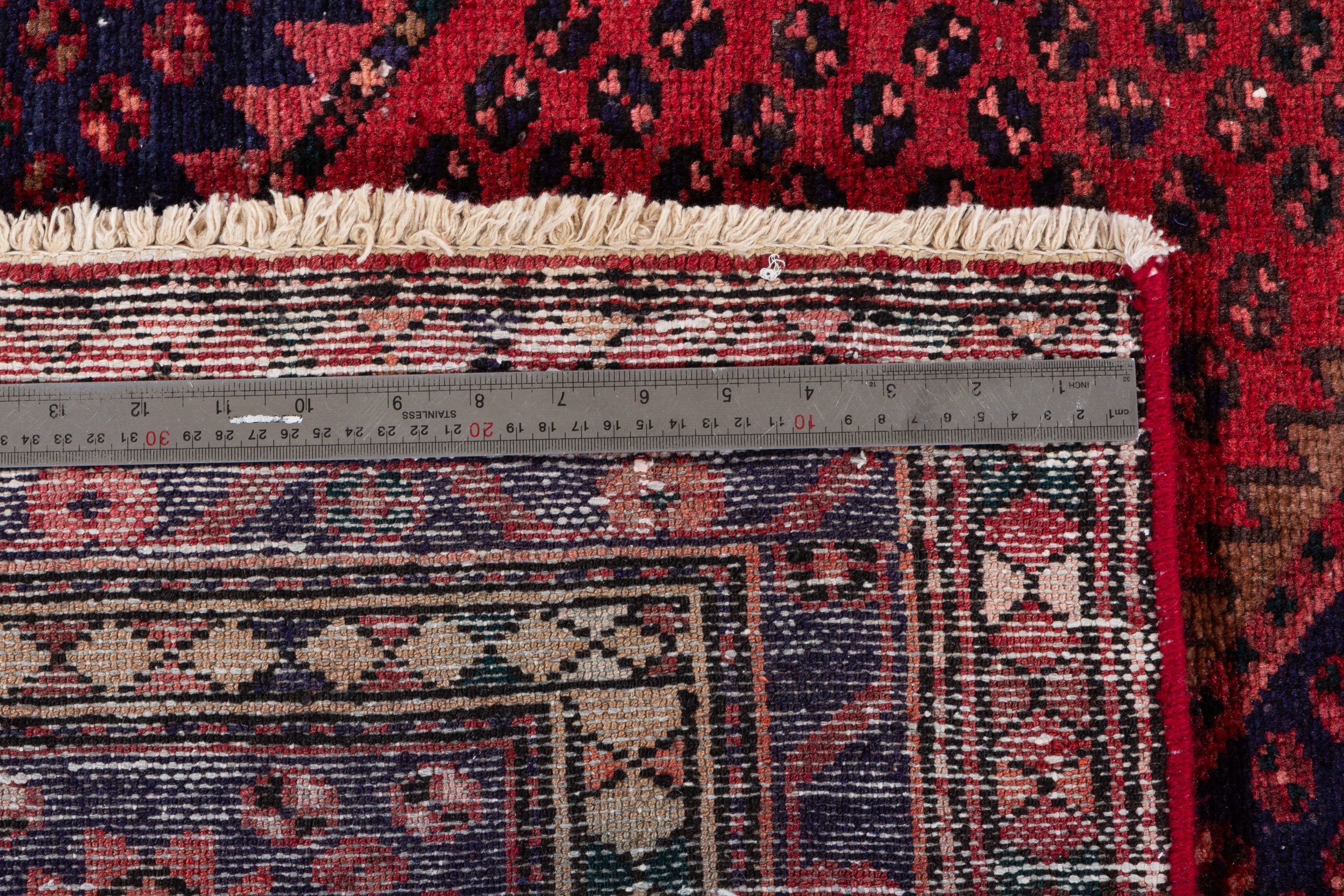 Vintage Rust Red, Navy Blue Geometric Medallion Area Rug – 7' 0" x 4' 5" (214 x 134 cm)