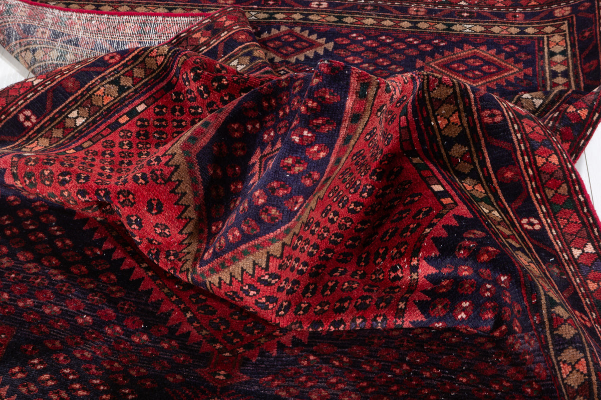 Vintage Rust Red, Navy Blue Geometric Medallion Area Rug – 7' 0" x 4' 5" (214 x 134 cm)