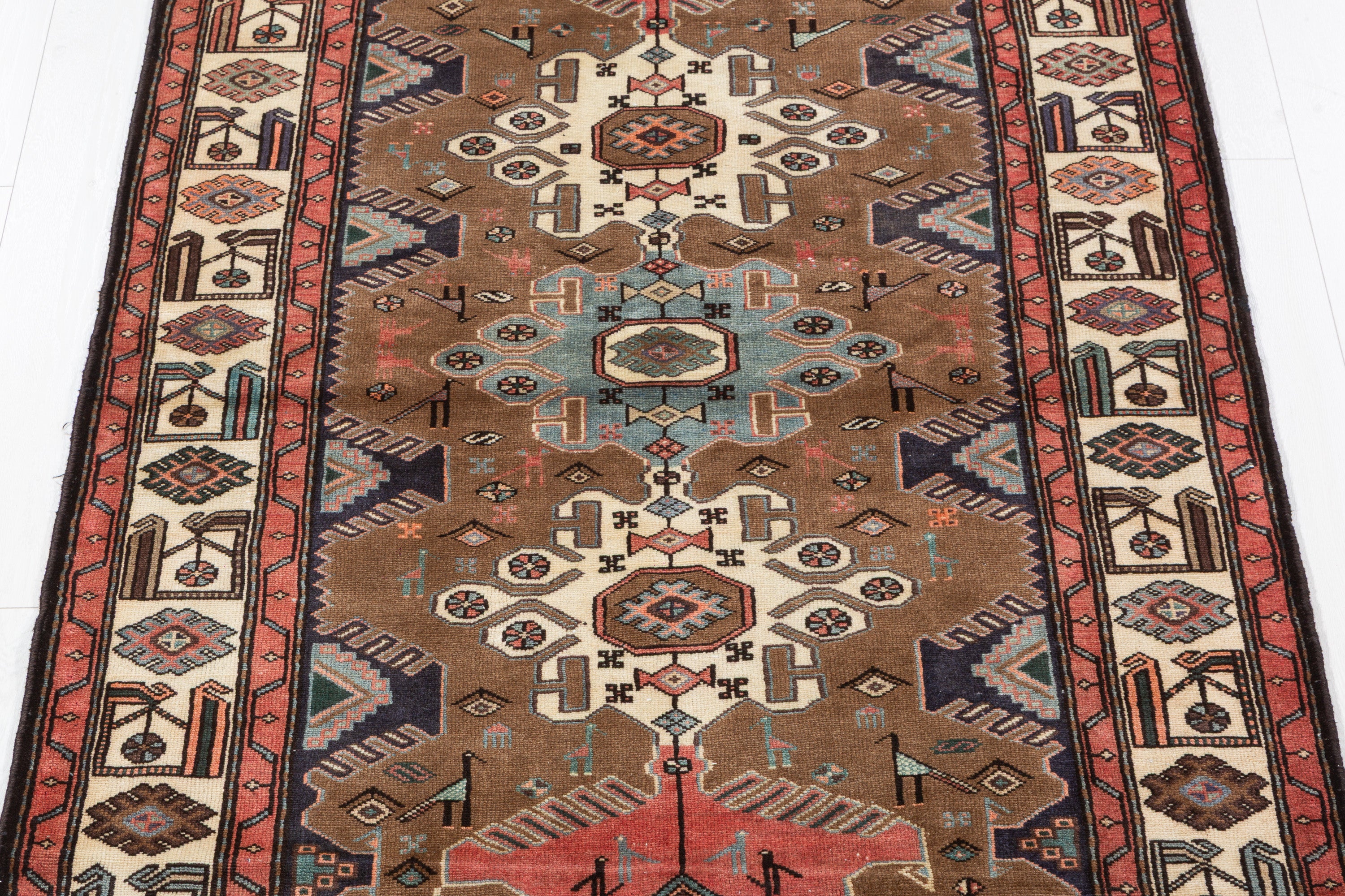 Collectible Vintage Brown, Coral Triple Medallion Area Rug – 7' 1" x 4' 1" (215 x 124 cm)