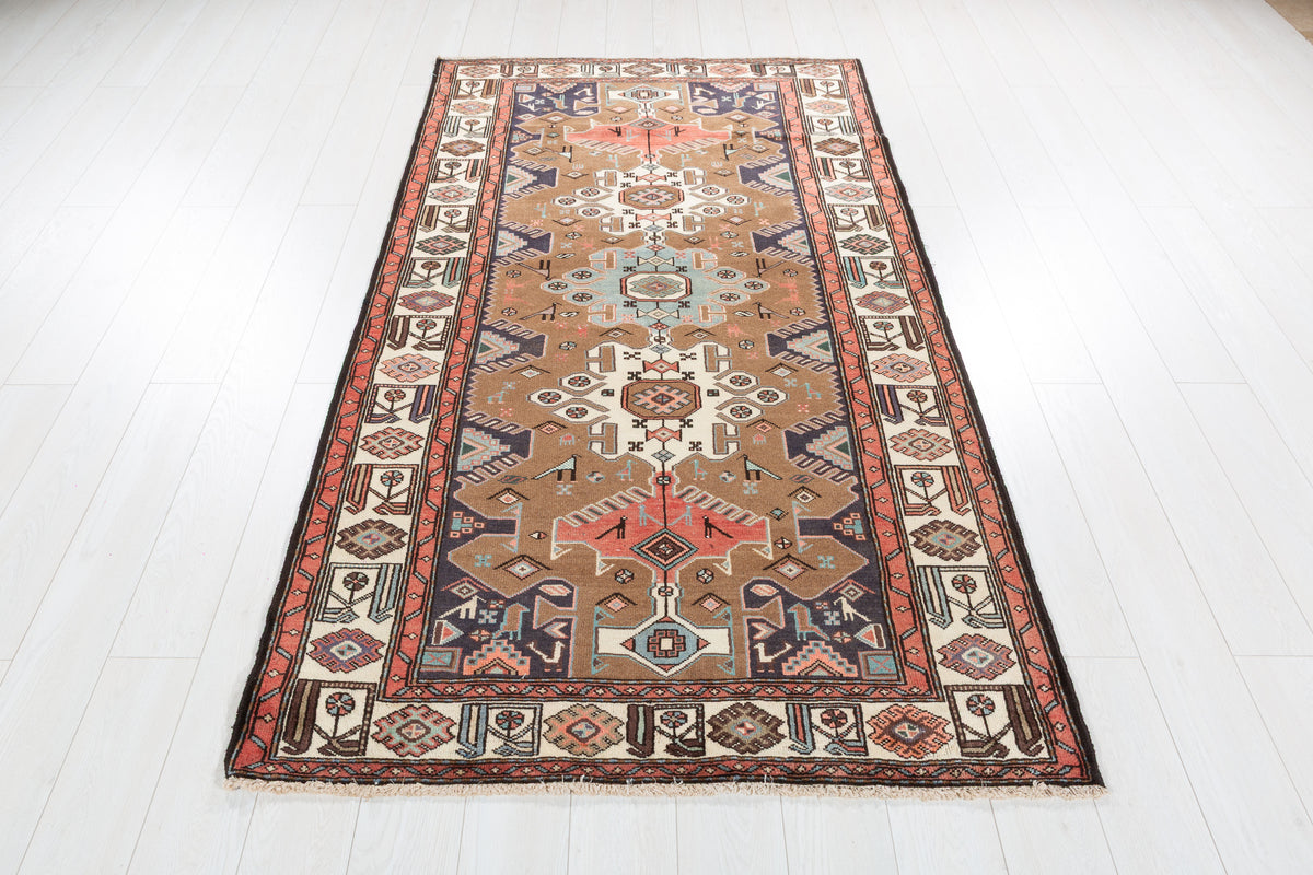 Collectible Vintage Brown, Coral Triple Medallion Area Rug – 7' 1" x 4' 1" (215 x 124 cm)