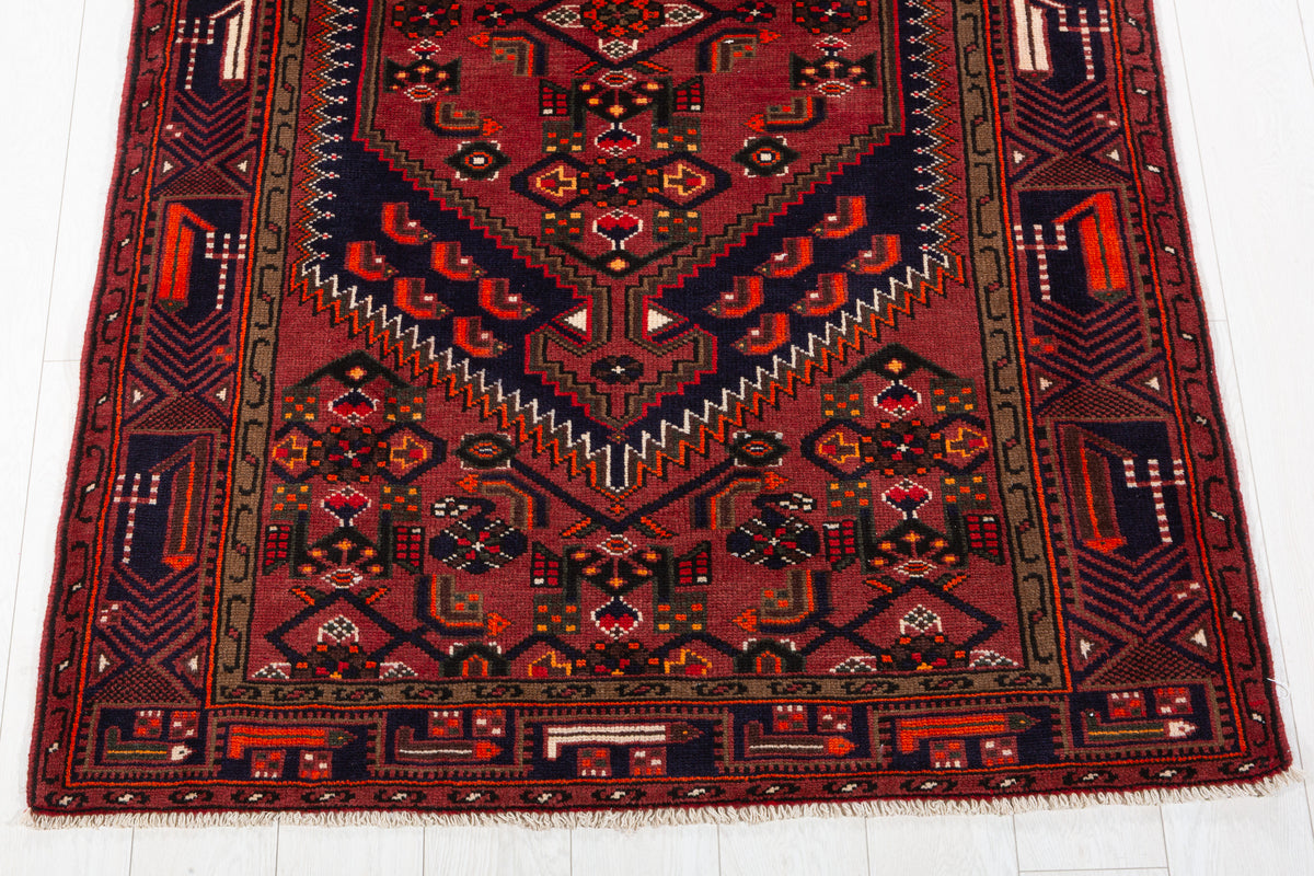 Vintage Rust Red, Navy Blue Hexagonal Medallion Area Rug – 6' 7" x 4' 0" (201 x 122 cm)