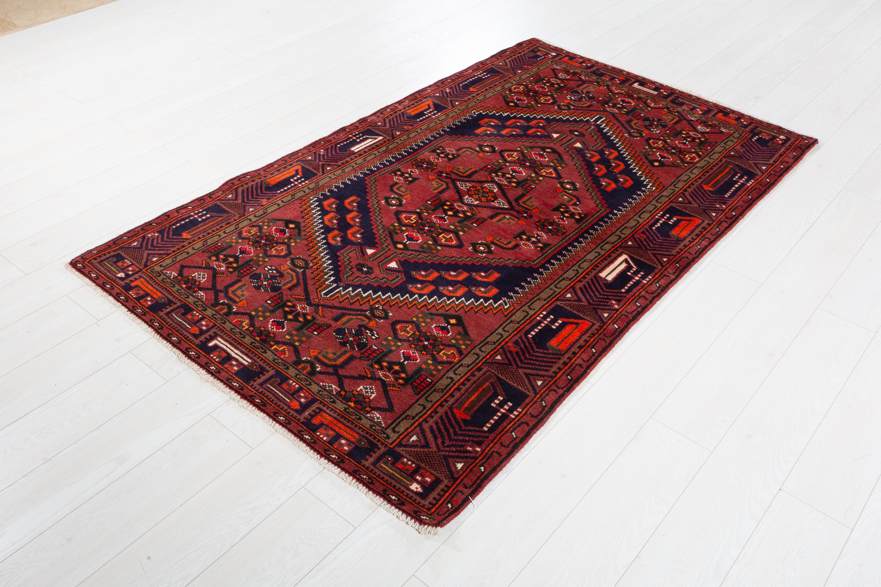 Vintage Rust Red, Navy Blue Hexagonal Medallion Area Rug – 6' 7" x 4' 0" (201 x 122 cm)