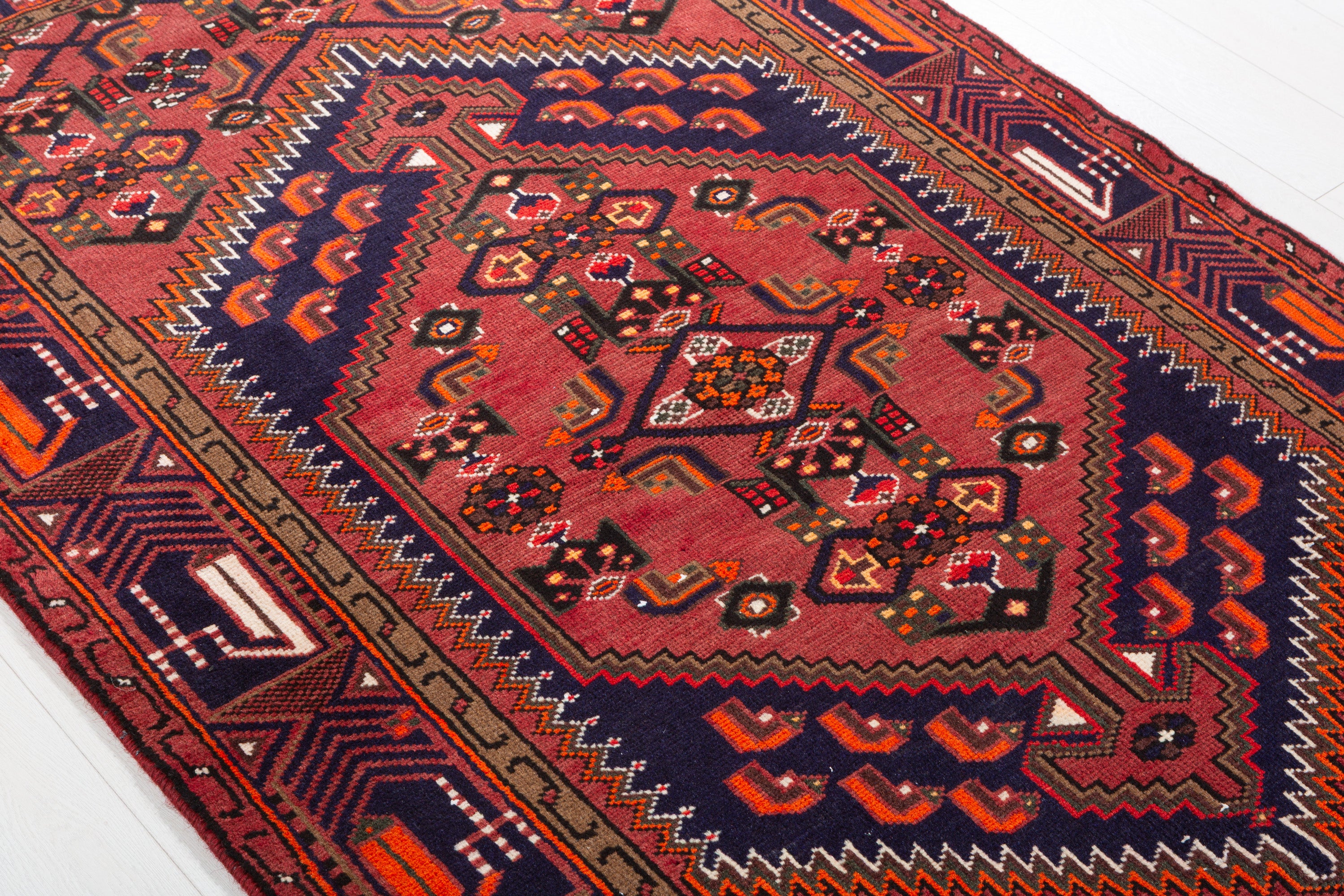 Vintage Rust Red, Navy Blue Hexagonal Medallion Area Rug – 6' 7" x 4' 0" (201 x 122 cm)
