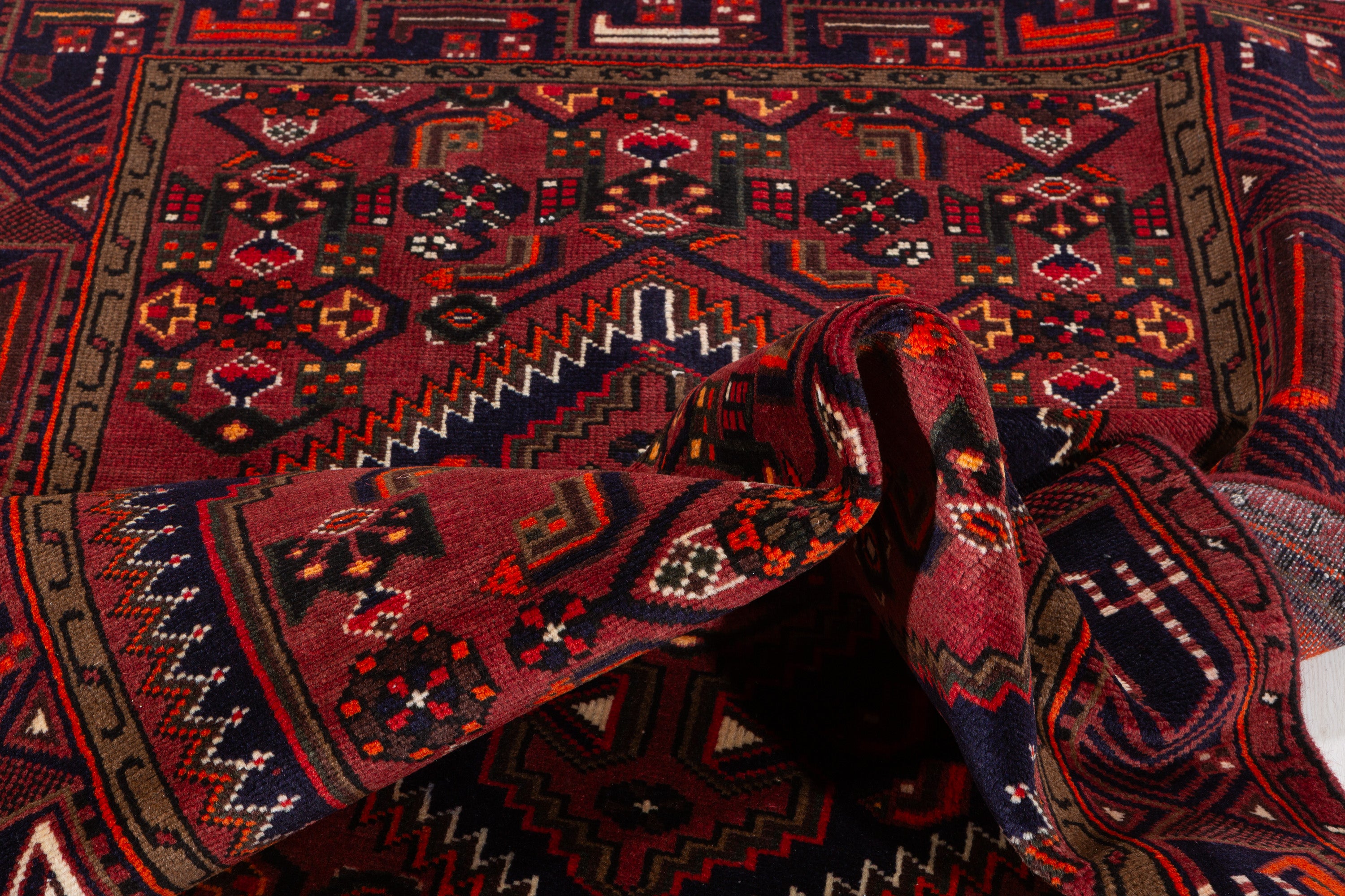 Vintage Rust Red, Navy Blue Hexagonal Medallion Area Rug – 6' 7" x 4' 0" (201 x 122 cm)