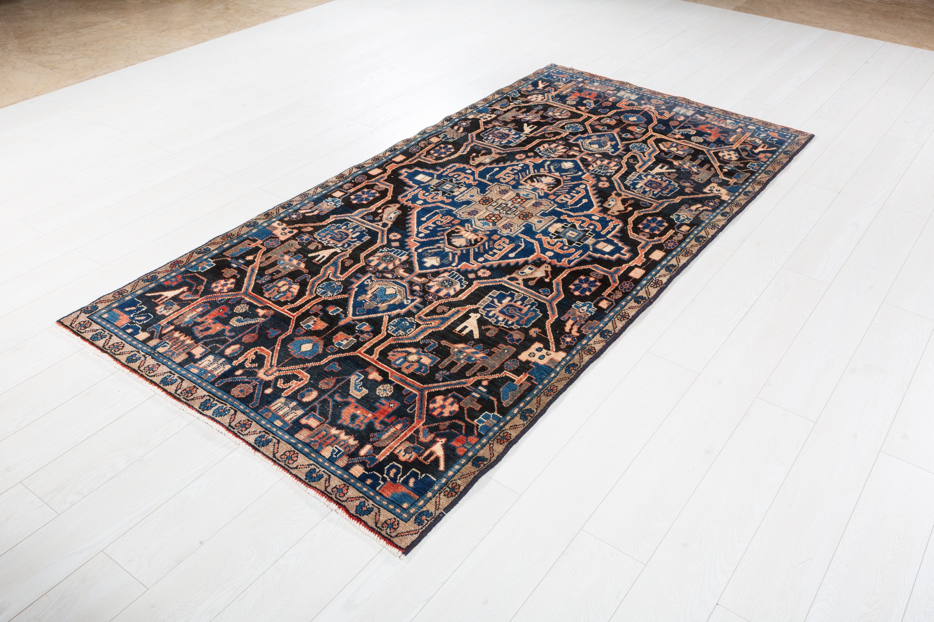 Collectible Vintage Navy Blue Allover Floral Area Rug – 8' 2" x 4' 0" (248 x 121 cm)
