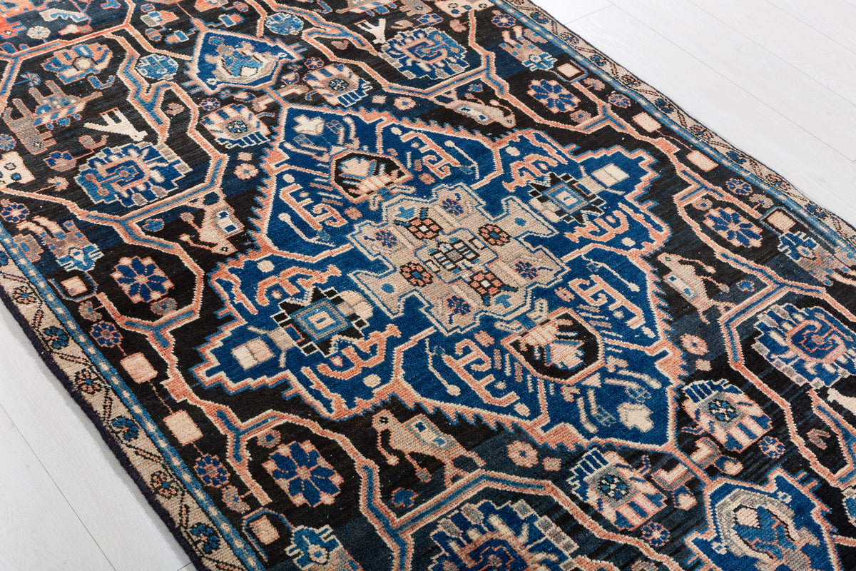 Collectible Vintage Navy Blue Allover Floral Area Rug – 8' 2" x 4' 0" (248 x 121 cm)