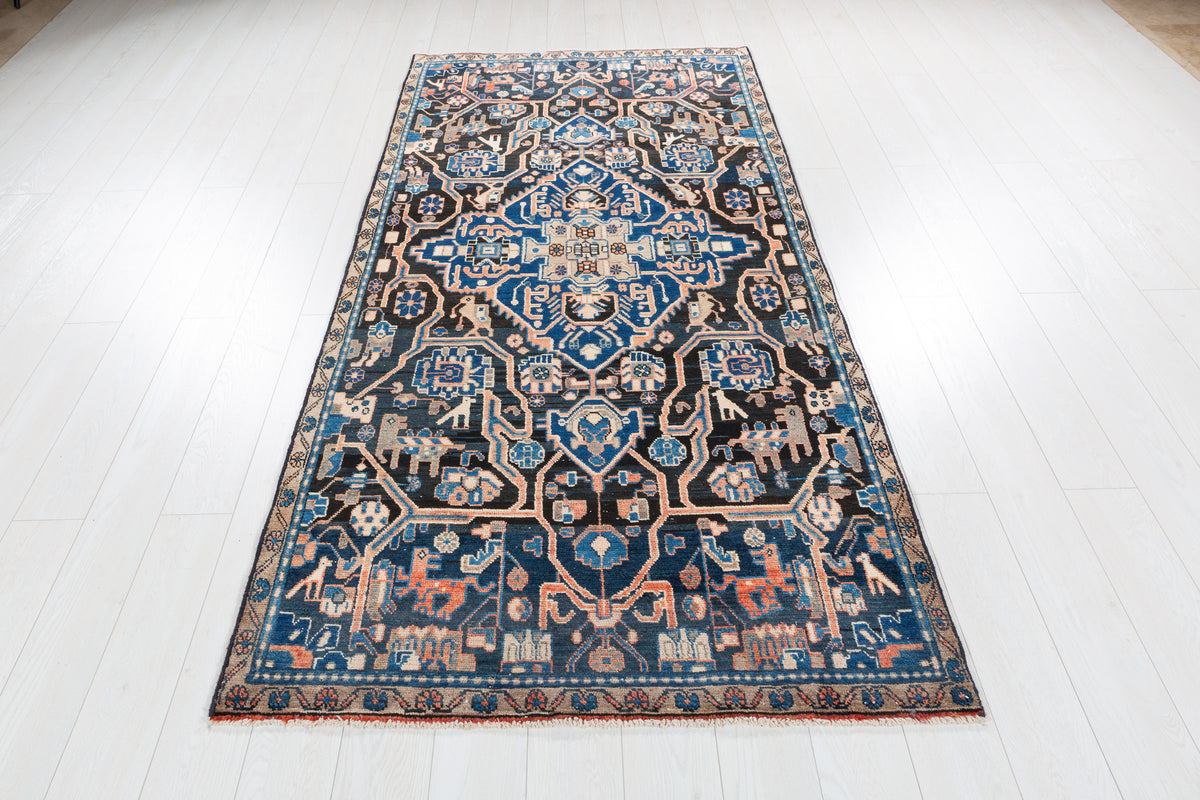 Collectible Vintage Navy Blue Allover Floral Area Rug – 8' 2" x 4' 0" (248 x 121 cm)