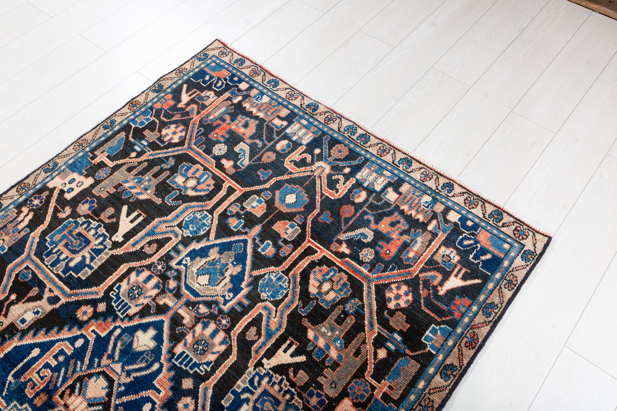 Collectible Vintage Navy Blue Allover Floral Area Rug – 8' 2" x 4' 0" (248 x 121 cm)