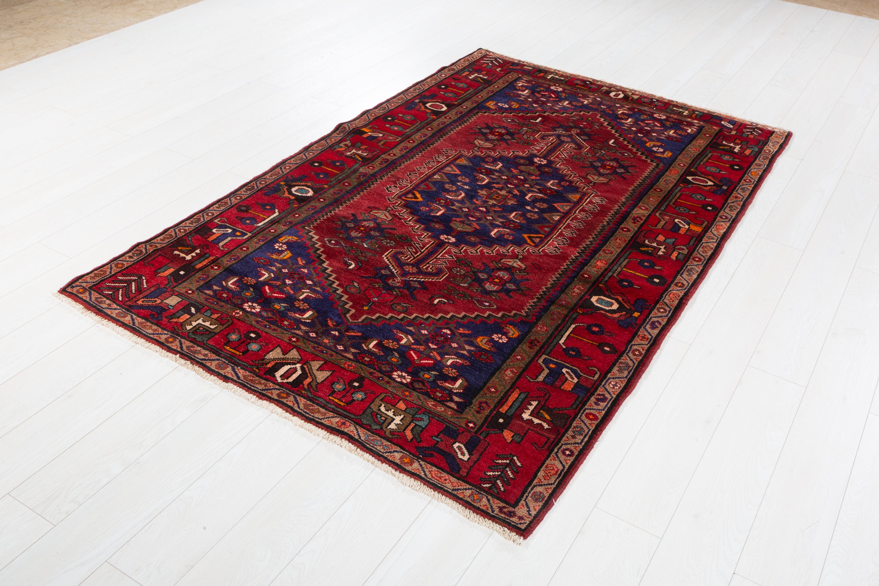 Vintage Red, Deep Navy Blue Allover Geometric Area Rug – 7' 1" x 4' 8" (216 x 142 cm)