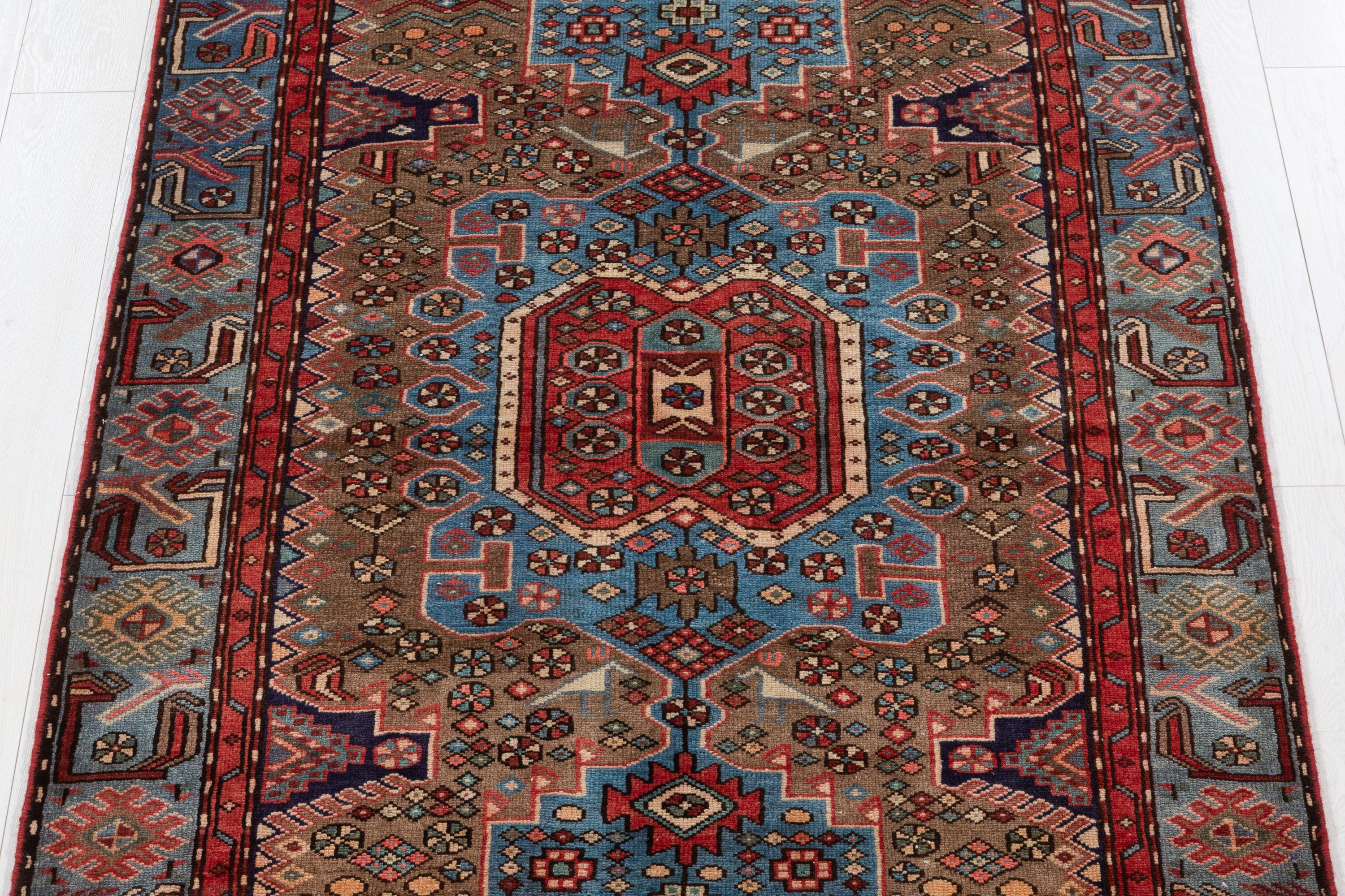 Collectible Vintage Brown, Turquoise Blue Central Medallion Area Rug – 6' 7" x 4' 0" (201 x 121 cm)