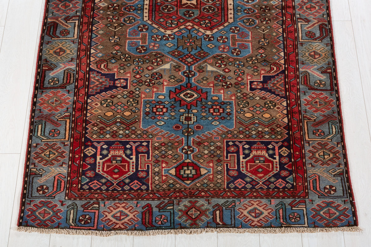 Collectible Vintage Brown, Turquoise Blue Central Medallion Area Rug – 6' 7" x 4' 0" (201 x 121 cm)