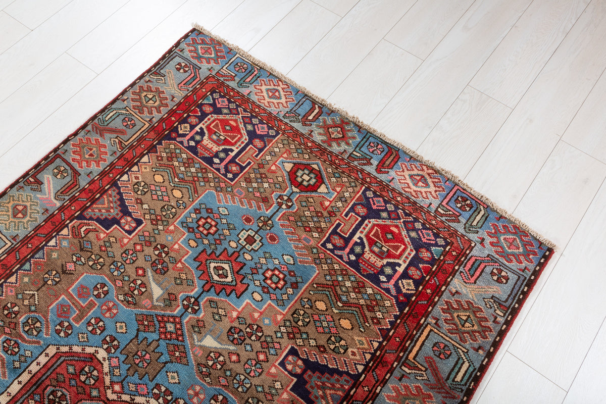 Collectible Vintage Brown, Turquoise Blue Central Medallion Area Rug – 6' 7" x 4' 0" (201 x 121 cm)