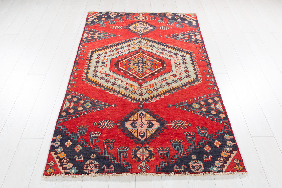 Collectible Vintage Orange-Red, Light Green Triple Medallion Area Rug – 6' 1" x 3' 9" (185 x 114 cm)