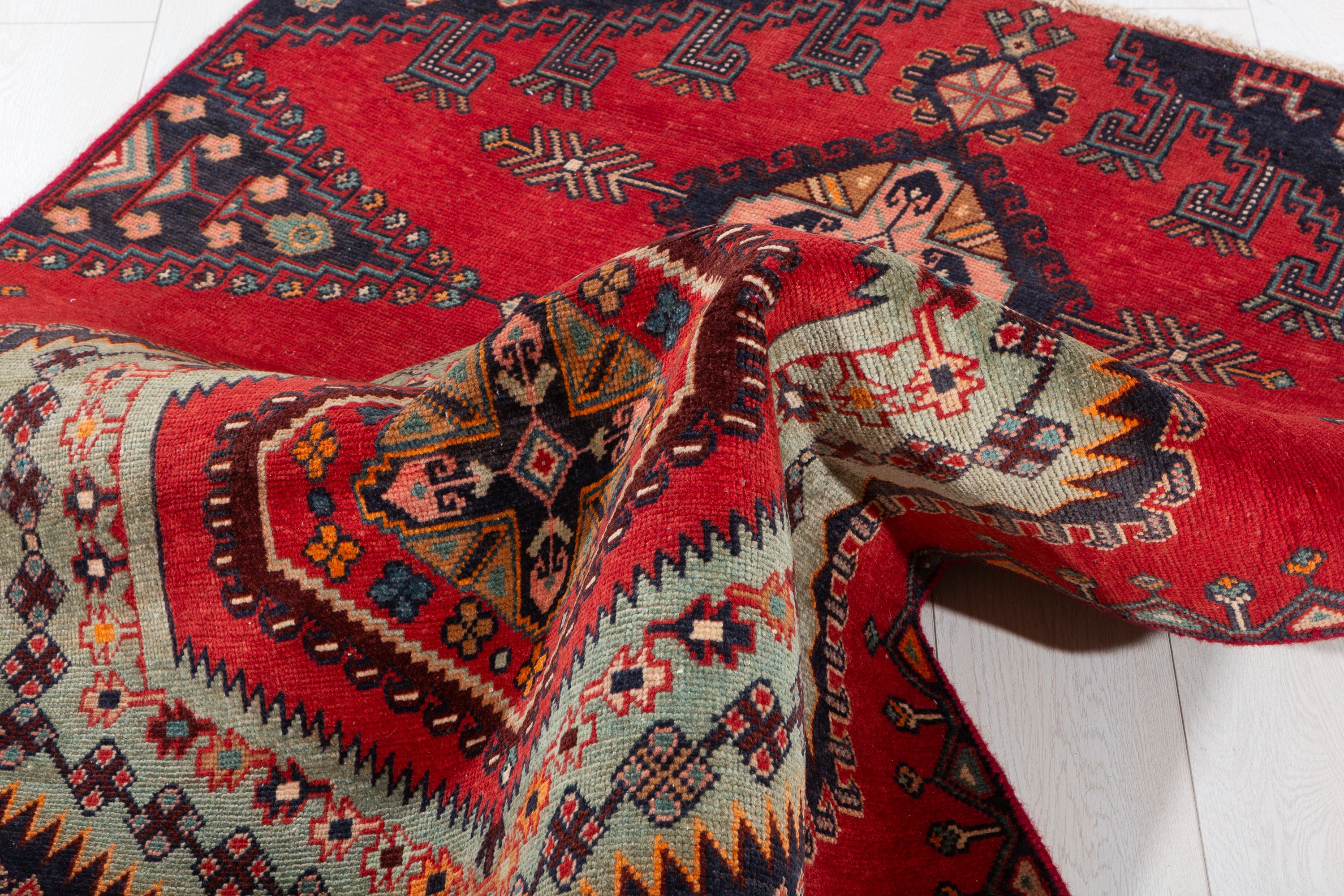 Collectible Vintage Orange-Red, Light Green Triple Medallion Area Rug – 6' 1" x 3' 9" (185 x 114 cm)