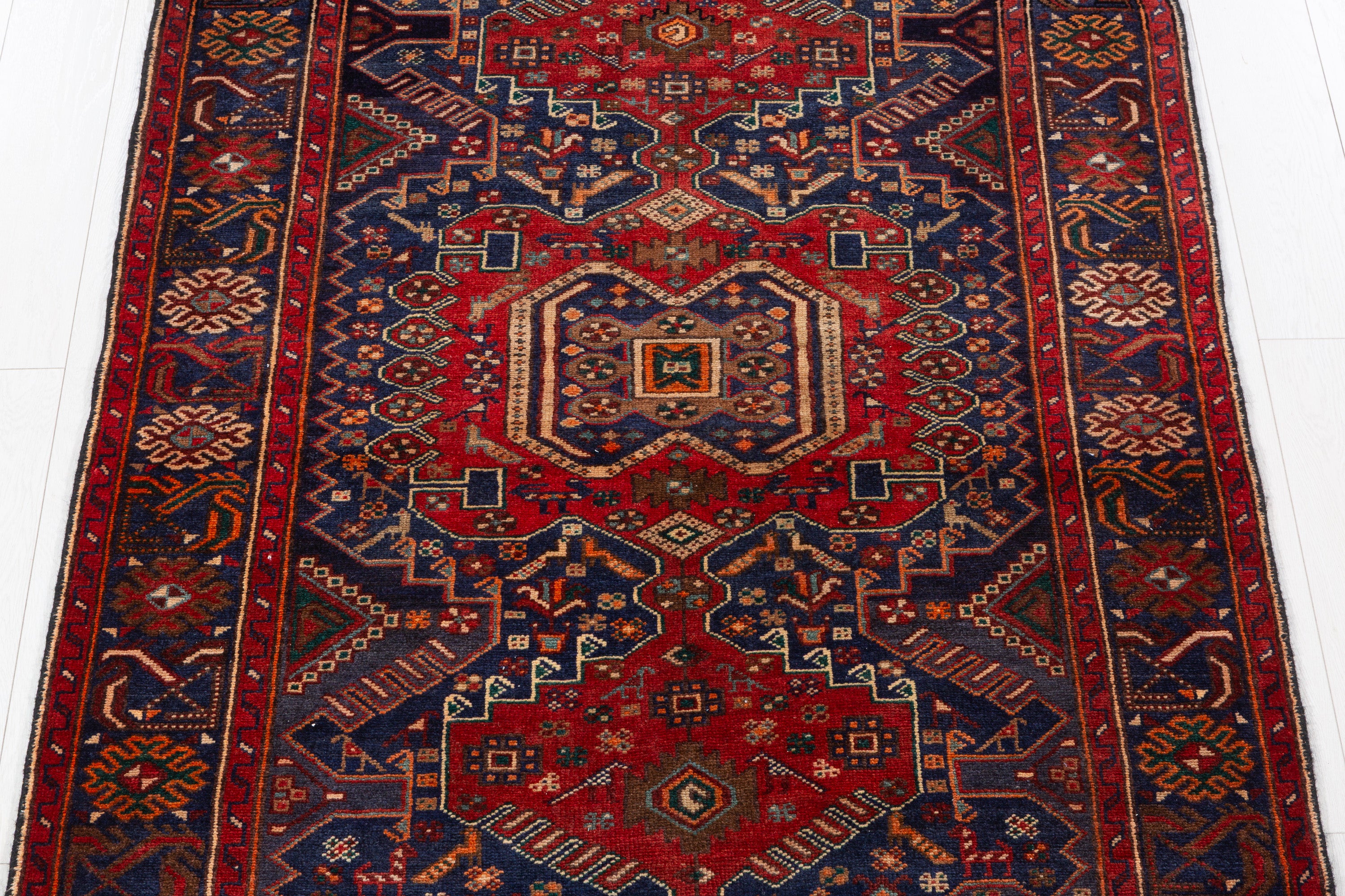 Collectible Vintage Red, Navy Blue Geometric Medallion Area Rug – 6' 8" x 4' 1" (203 x 124 cm)
