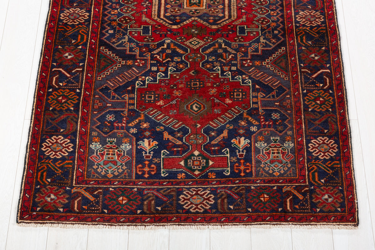 Collectible Vintage Red, Navy Blue Geometric Medallion Area Rug – 6' 8" x 4' 1" (203 x 124 cm)