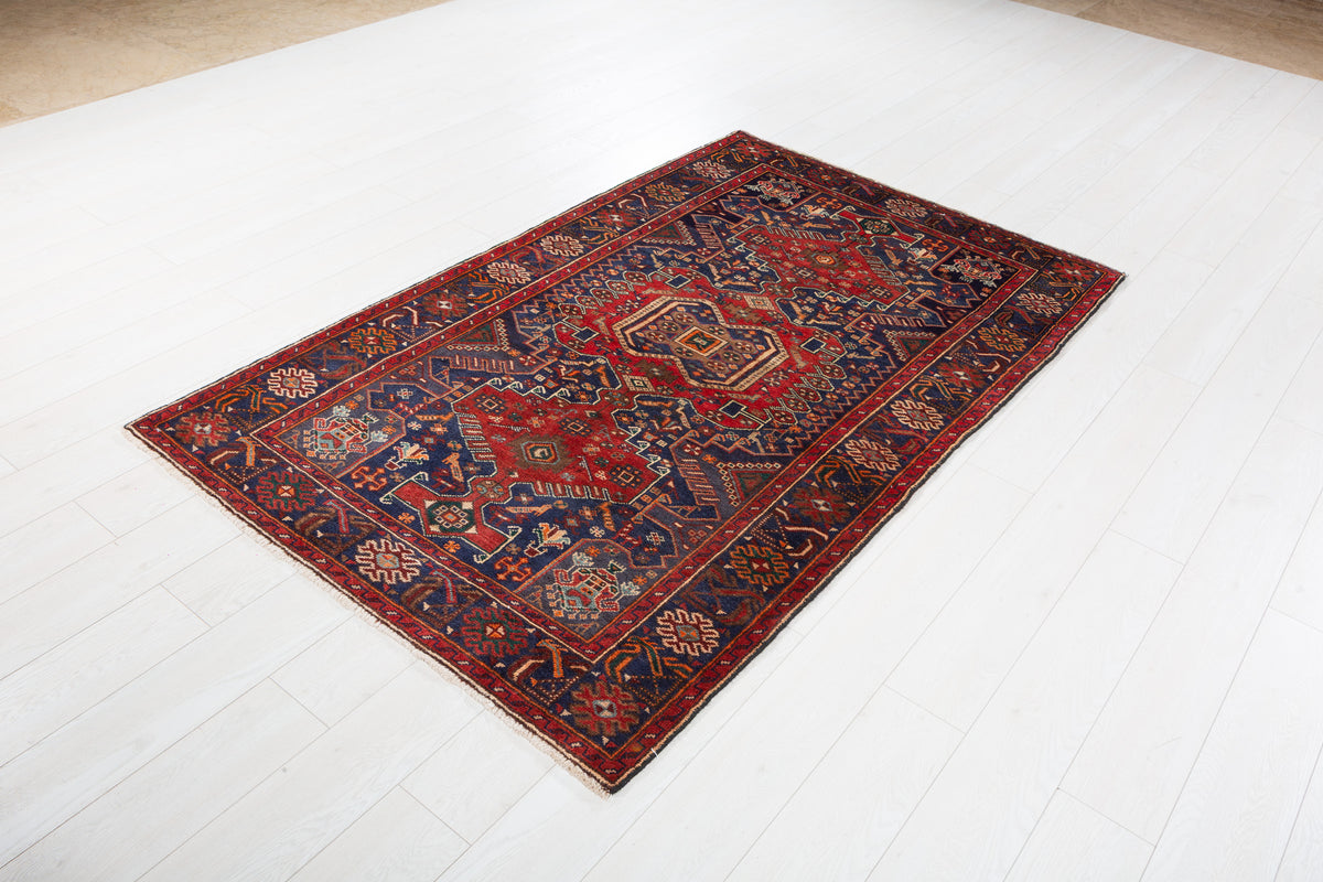 Collectible Vintage Red, Navy Blue Geometric Medallion Area Rug – 6' 8" x 4' 1" (203 x 124 cm)