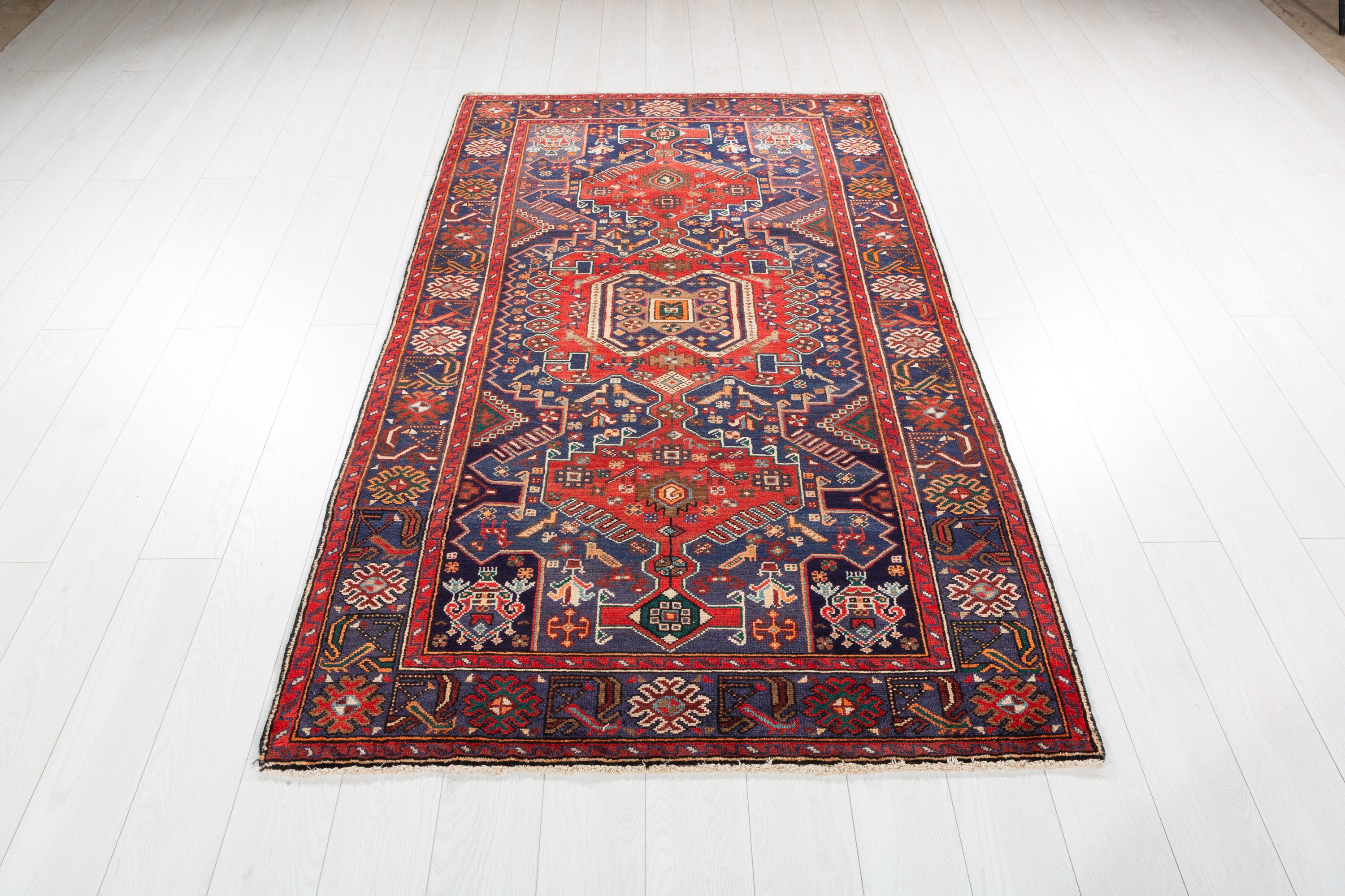 Collectible Vintage Red, Navy Blue Geometric Medallion Area Rug – 6' 8" x 4' 1" (203 x 124 cm)