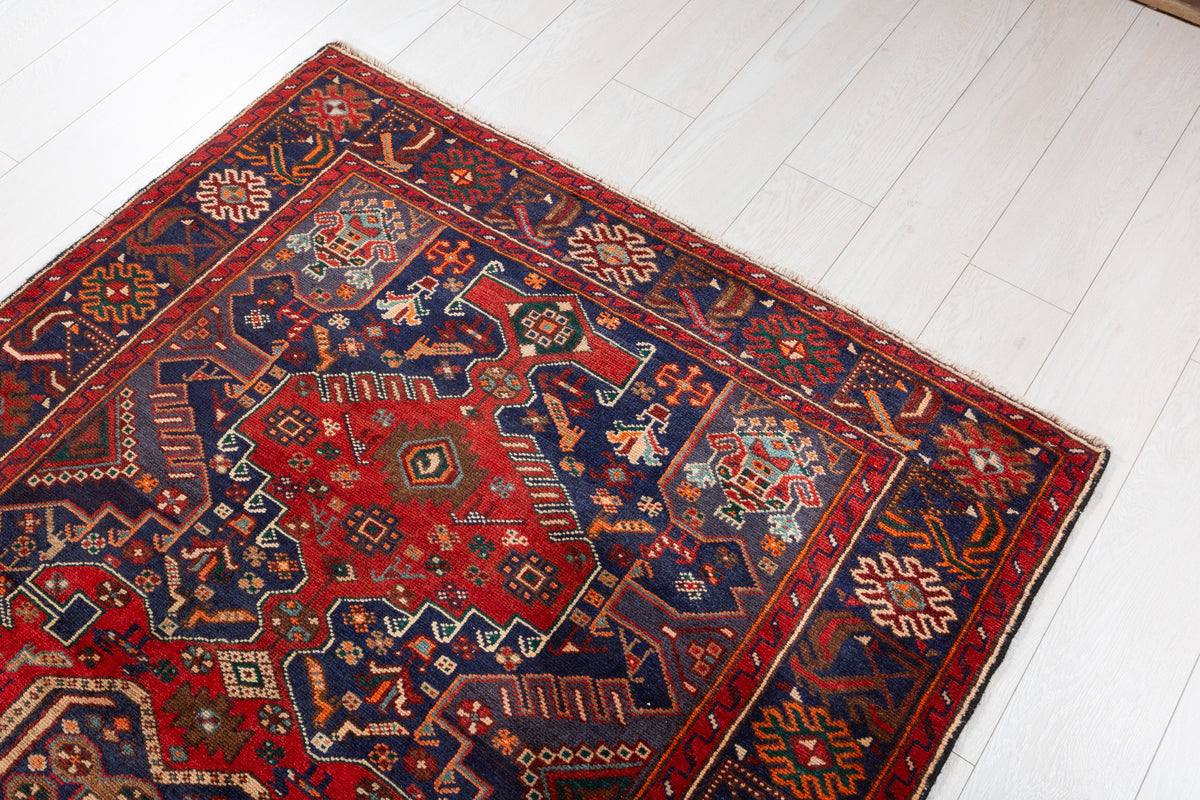 Collectible Vintage Red, Navy Blue Geometric Medallion Area Rug – 6' 8" x 4' 1" (203 x 124 cm)