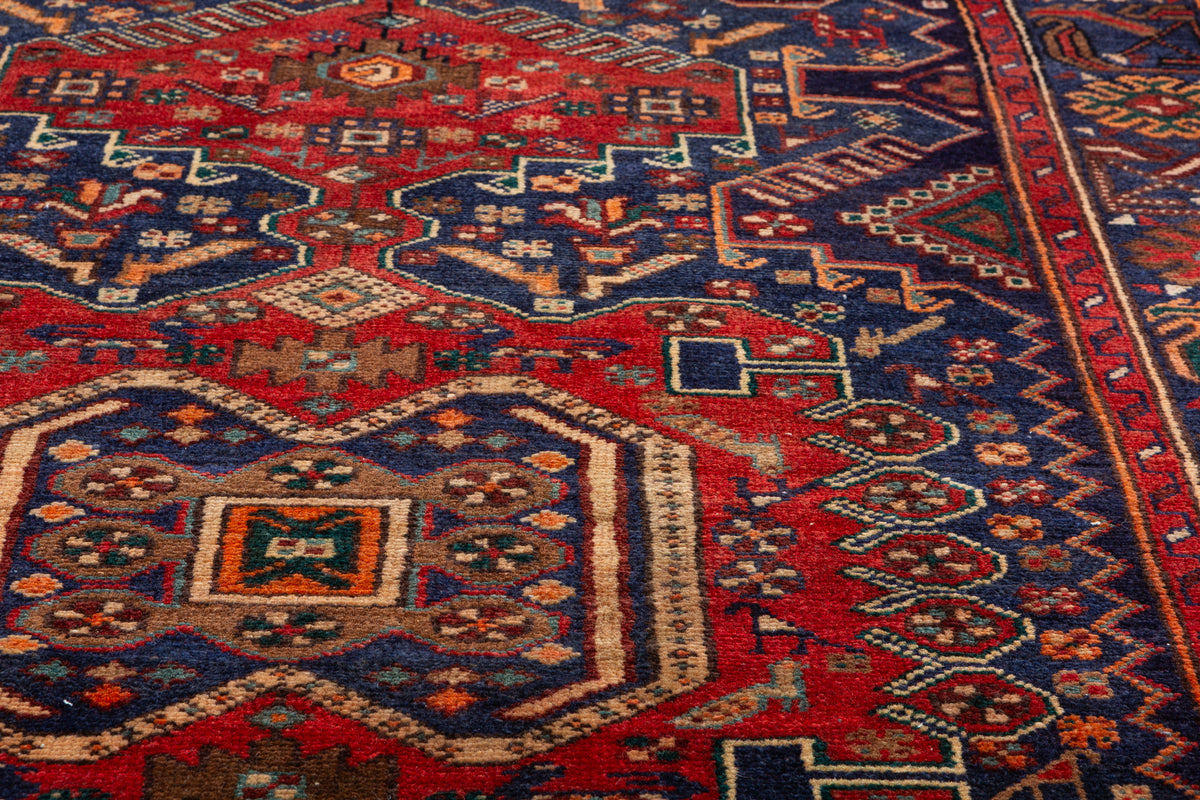 Collectible Vintage Red, Navy Blue Geometric Medallion Area Rug – 6' 8" x 4' 1" (203 x 124 cm)