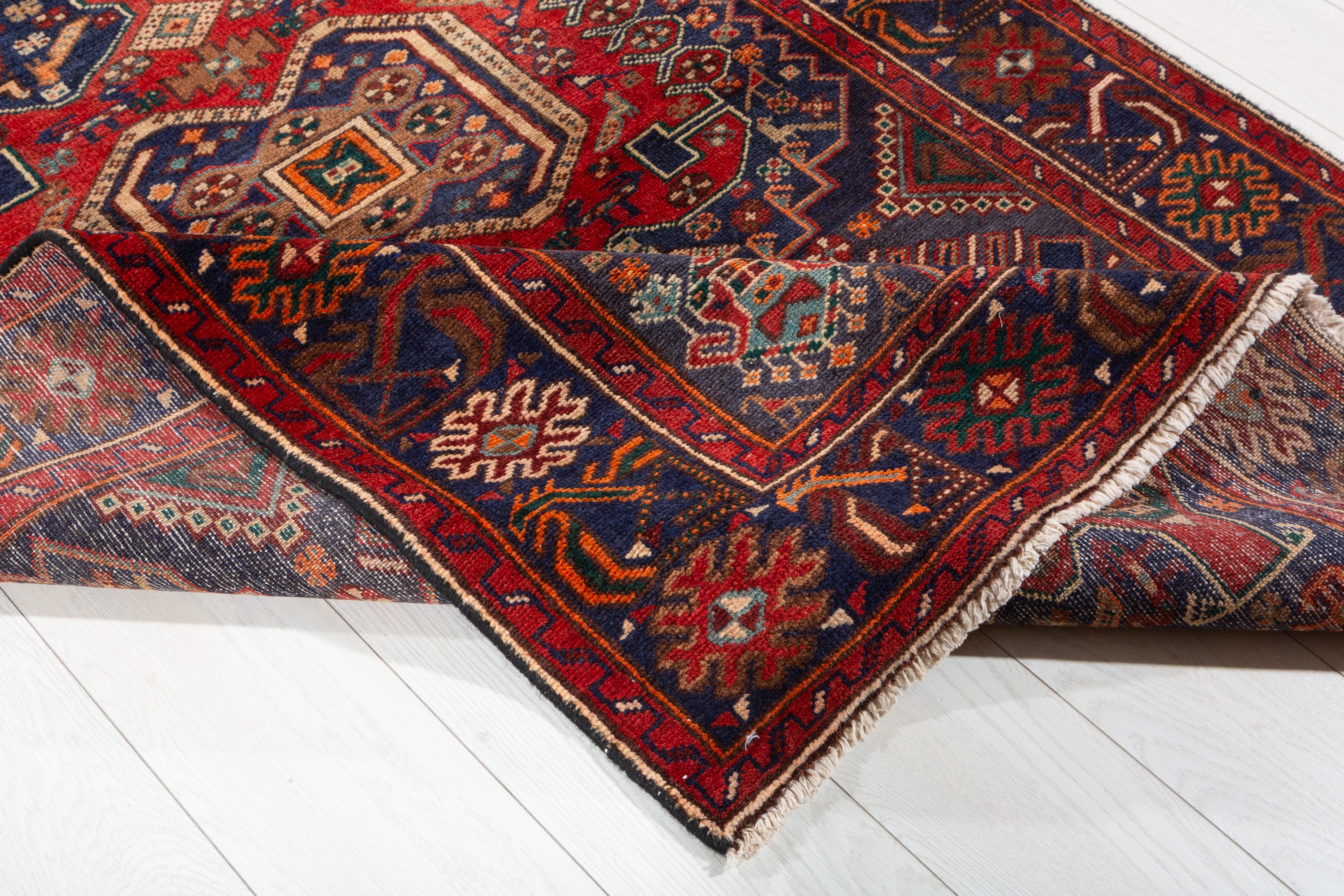 Collectible Vintage Red, Navy Blue Geometric Medallion Area Rug – 6' 8" x 4' 1" (203 x 124 cm)
