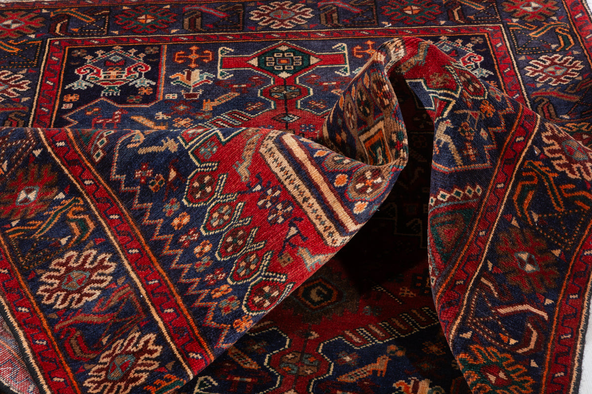 Collectible Vintage Red, Navy Blue Geometric Medallion Area Rug – 6' 8" x 4' 1" (203 x 124 cm)