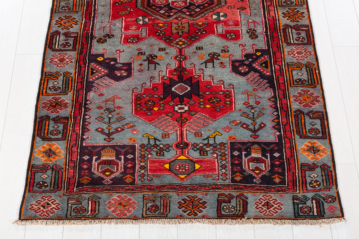 Collectible Vintage Red, Turquoise Blue Triple Medallion Area Rug – 7' 7" x 4' 1" (230 x 124 cm)