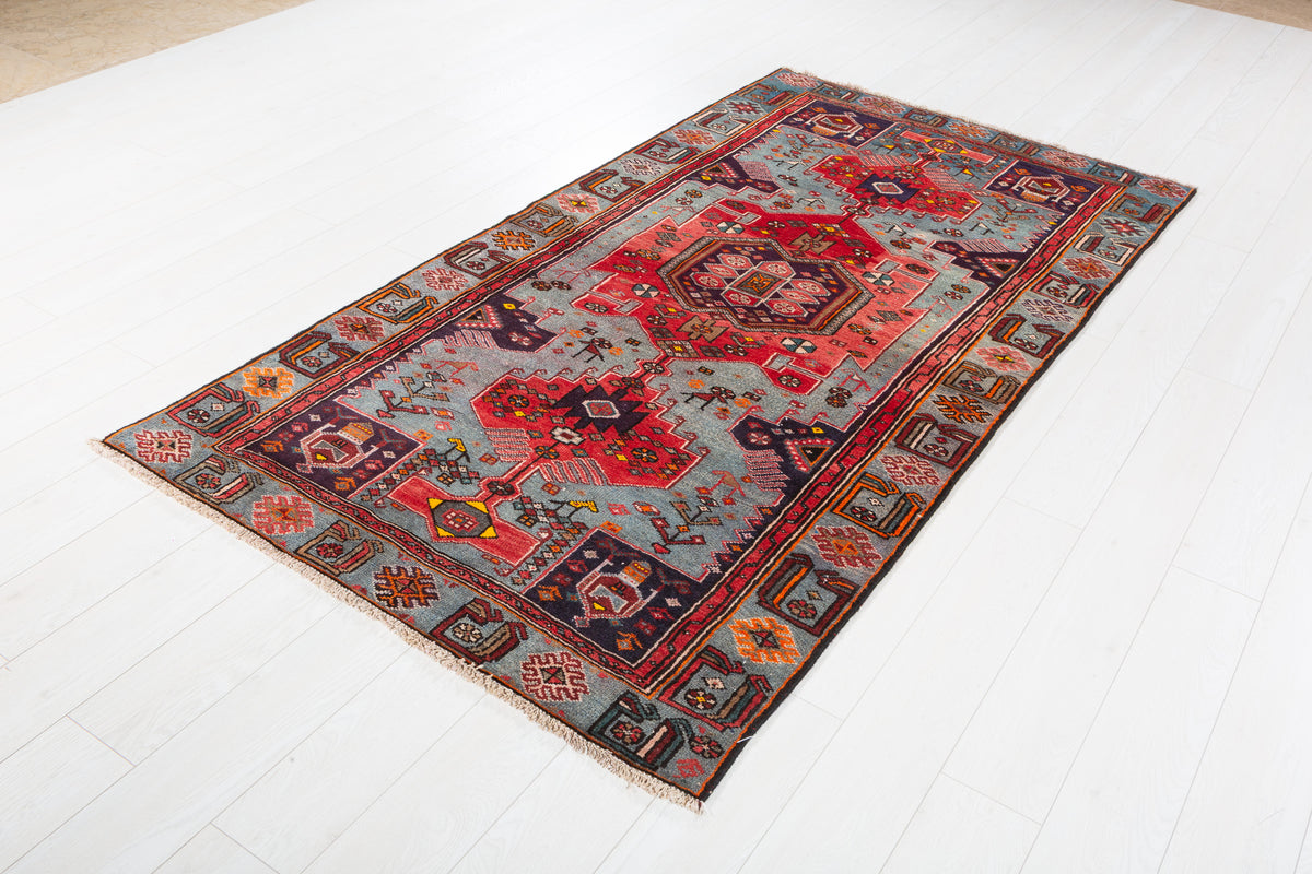 Collectible Vintage Red, Turquoise Blue Triple Medallion Area Rug – 7' 7" x 4' 1" (230 x 124 cm)
