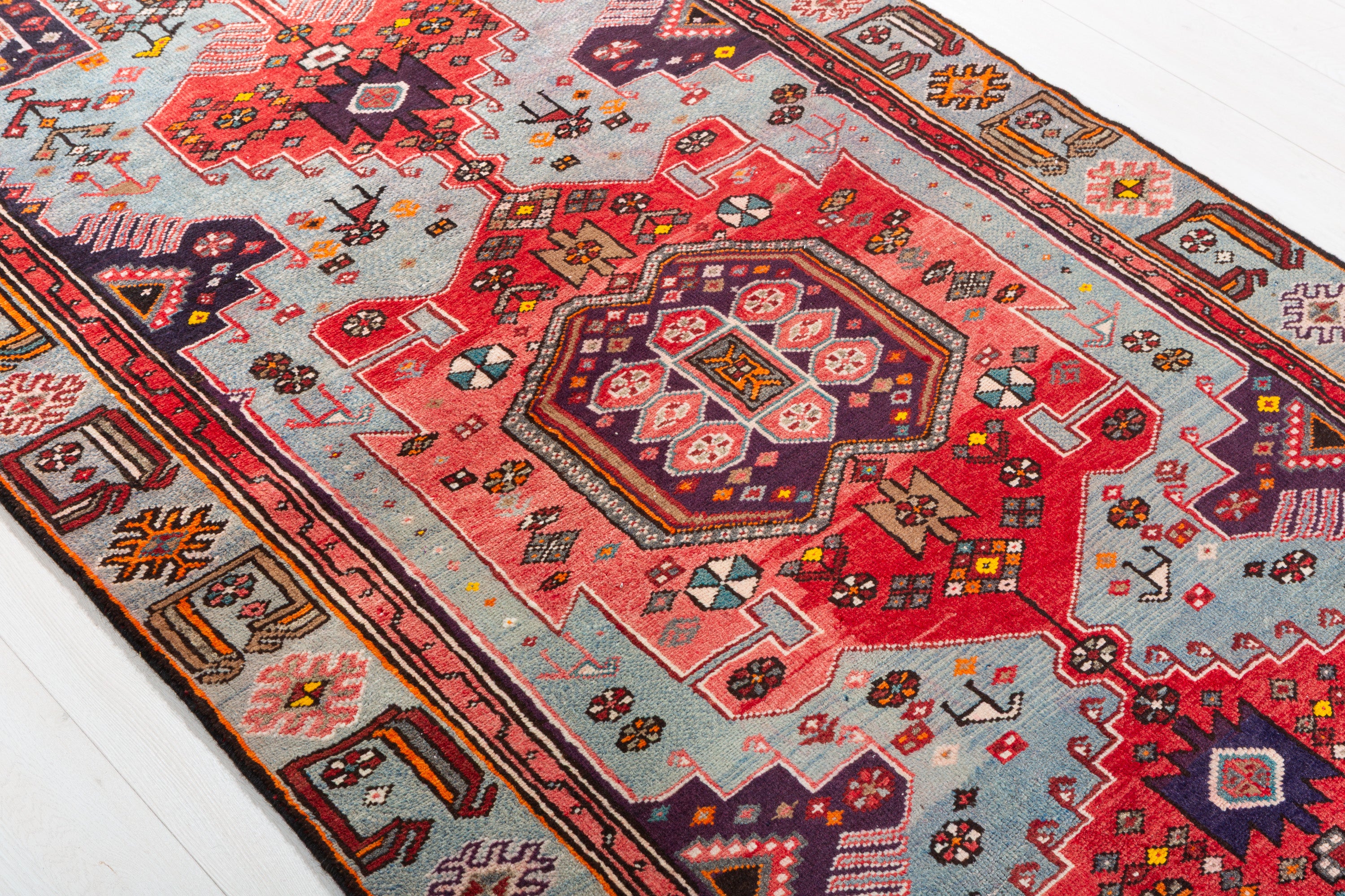 Collectible Vintage Red, Turquoise Blue Triple Medallion Area Rug – 7' 7" x 4' 1" (230 x 124 cm)