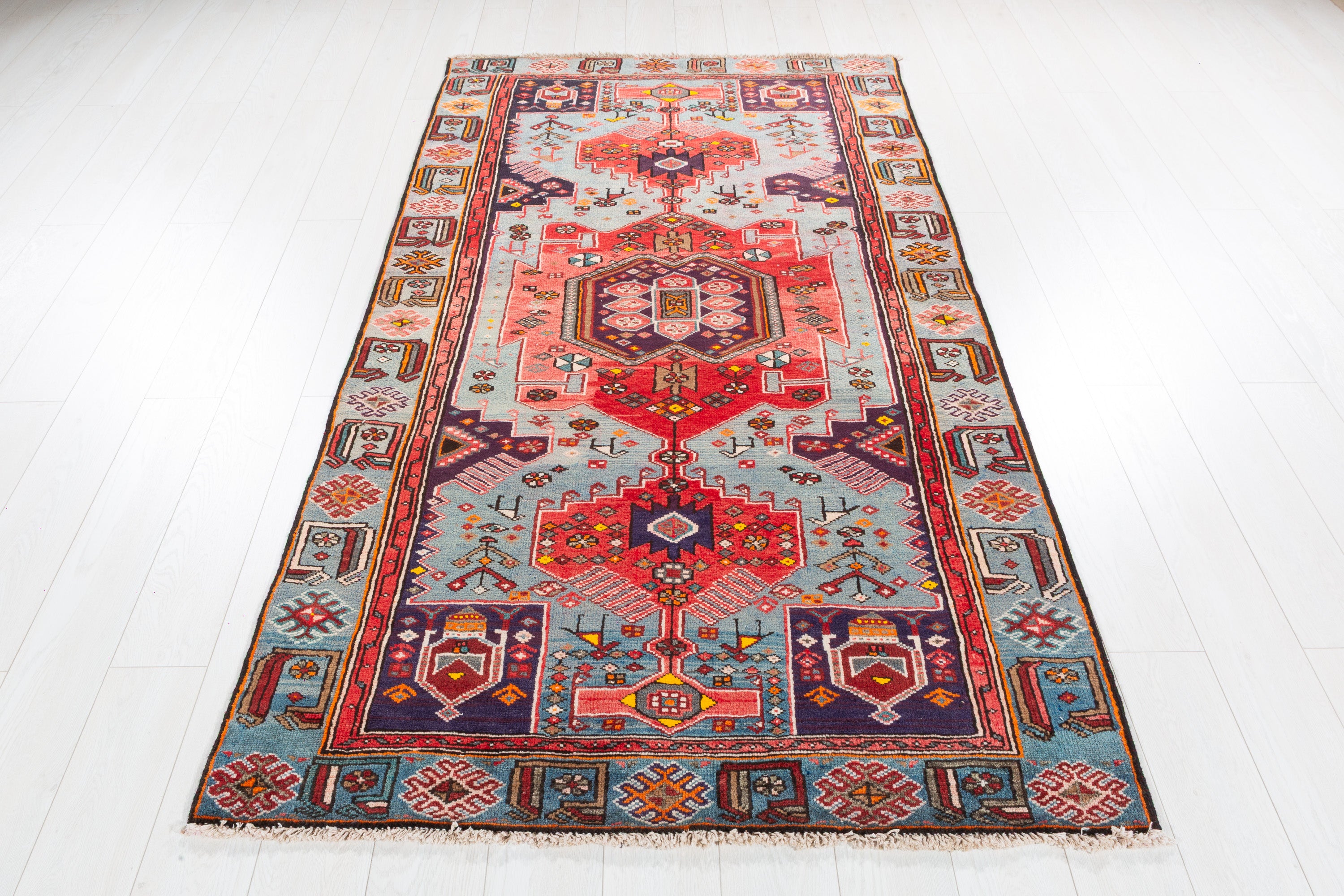 Collectible Vintage Red, Turquoise Blue Triple Medallion Area Rug – 7' 7" x 4' 1" (230 x 124 cm)