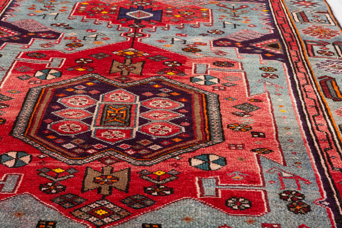 Collectible Vintage Red, Turquoise Blue Triple Medallion Area Rug – 7' 7" x 4' 1" (230 x 124 cm)