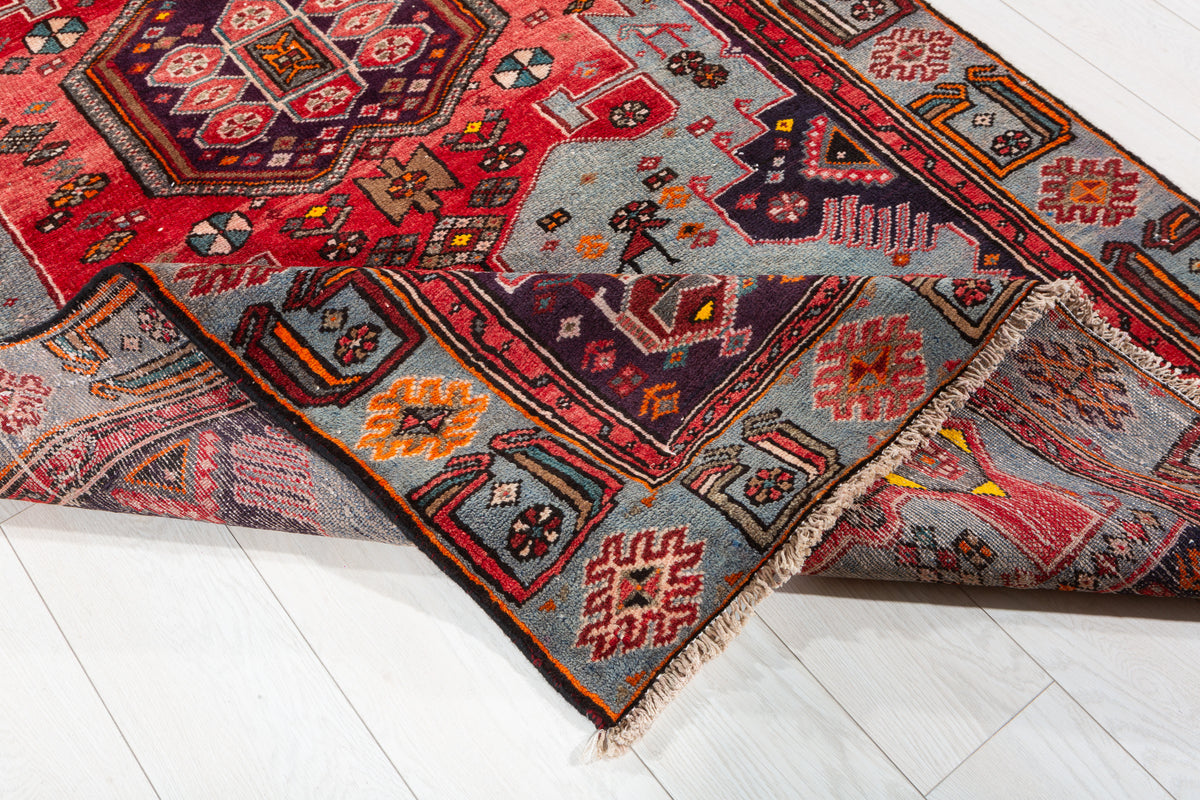 Collectible Vintage Red, Turquoise Blue Triple Medallion Area Rug – 7' 7" x 4' 1" (230 x 124 cm)