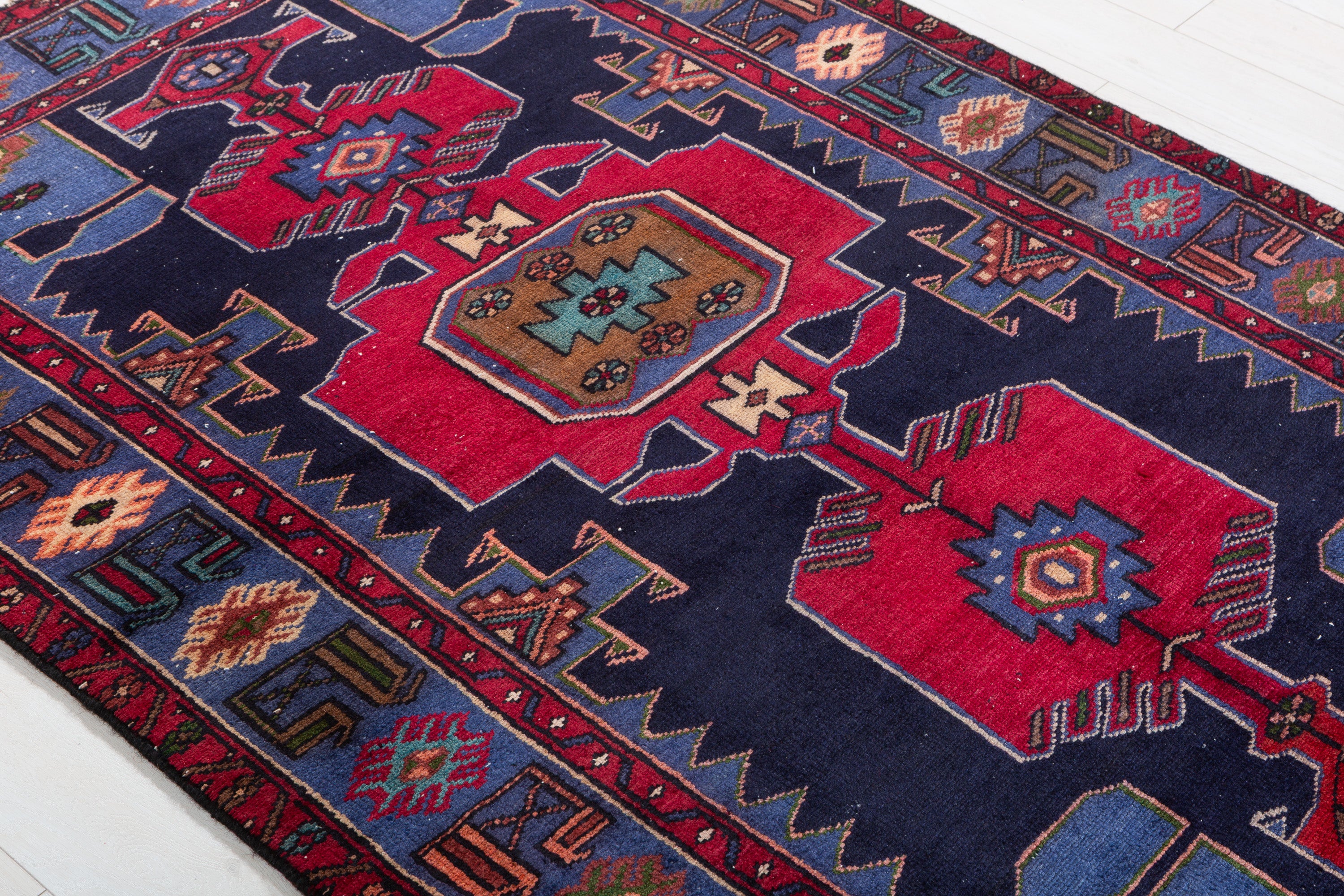 Collectible Vintage Deep Navy Blue, Pinkish-Red Triple Medallion Area Rug – 6' 3" x 4' 3" (191 x 129 cm)