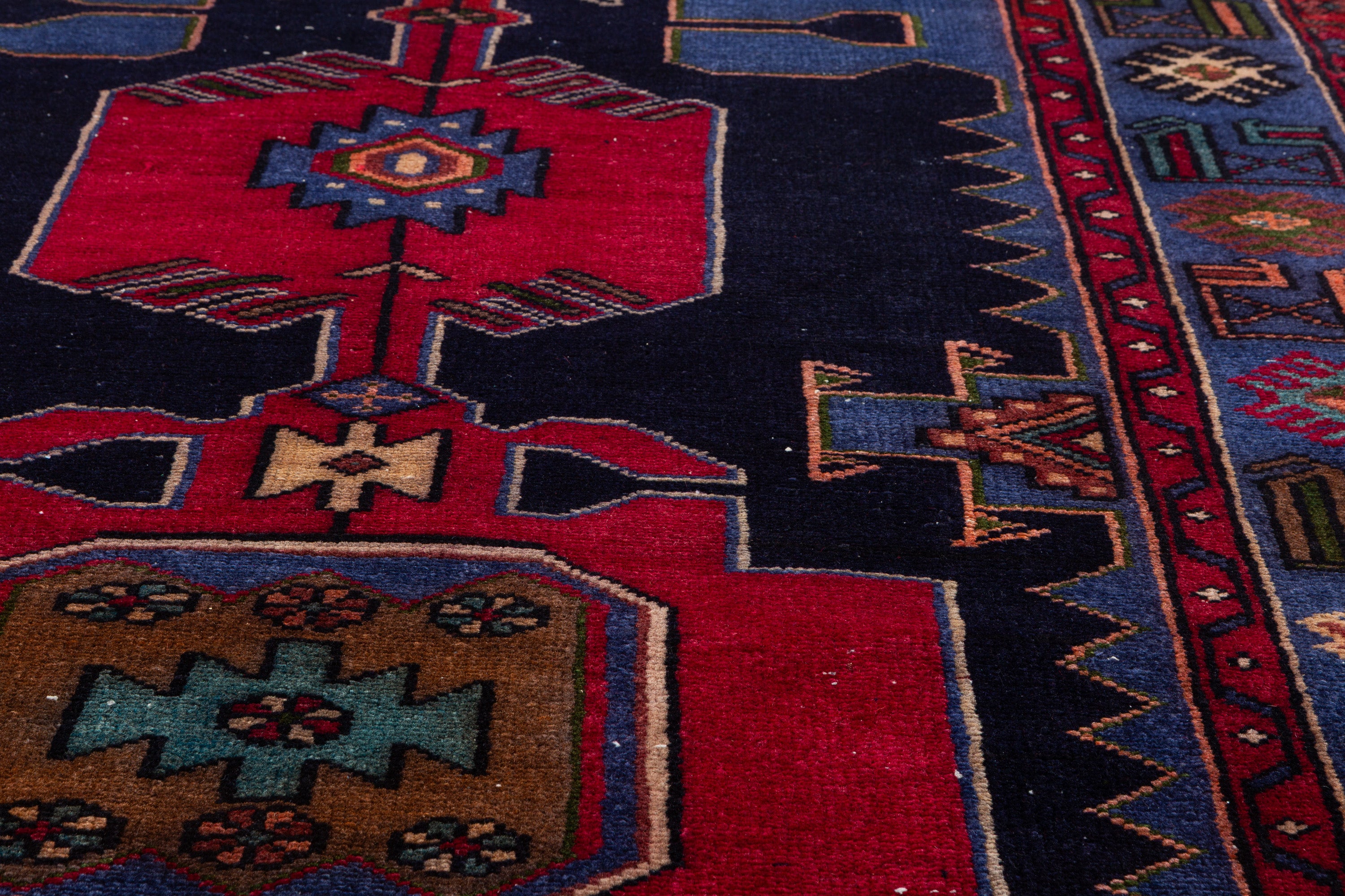 Collectible Vintage Deep Navy Blue, Pinkish-Red Triple Medallion Area Rug – 6' 3" x 4' 3" (191 x 129 cm)