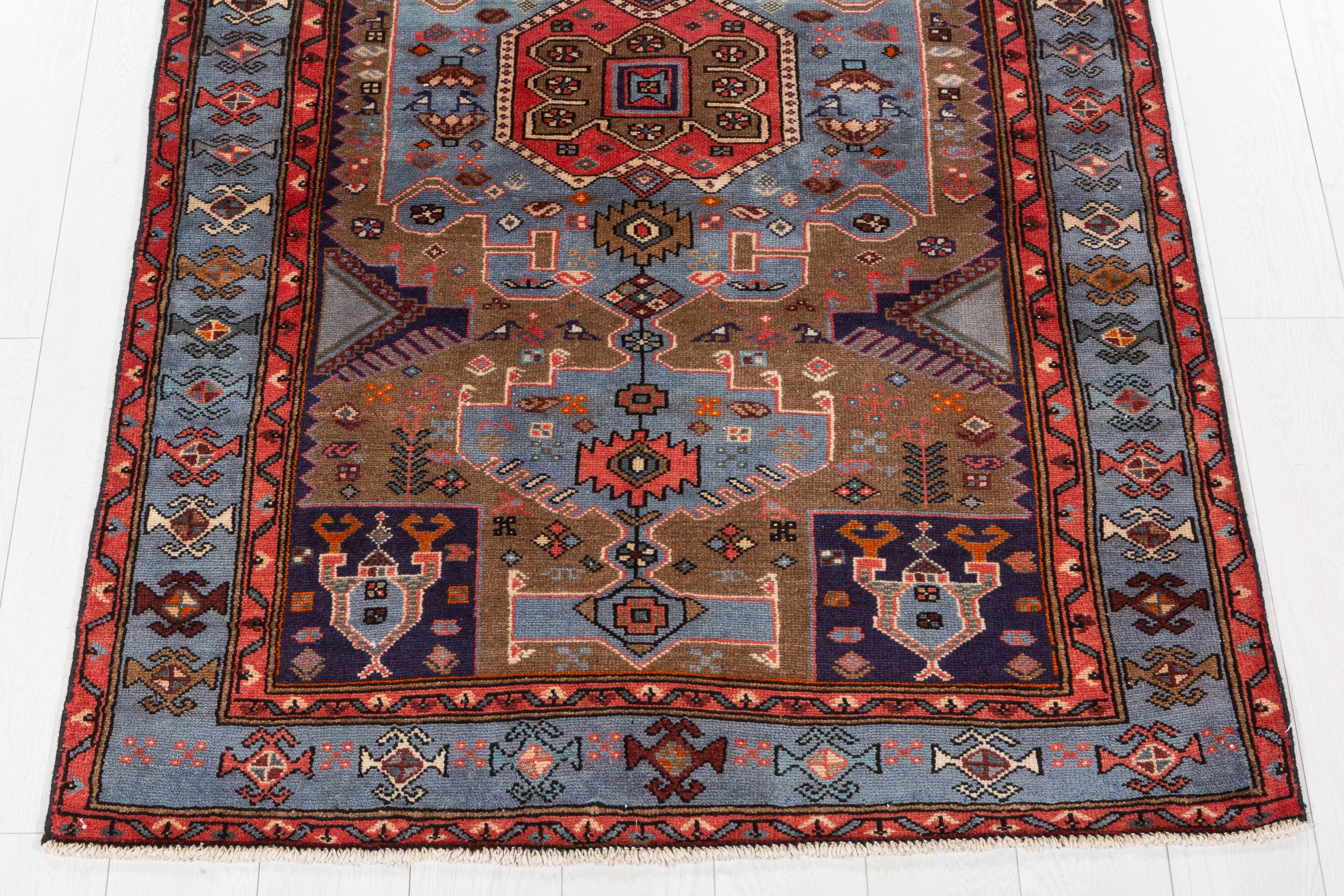 Collectible Vintage Brown, Turquoise Blue Geometric Medallion Area Rug – 6' 1" x 3' 11" (186 x 120 cm)