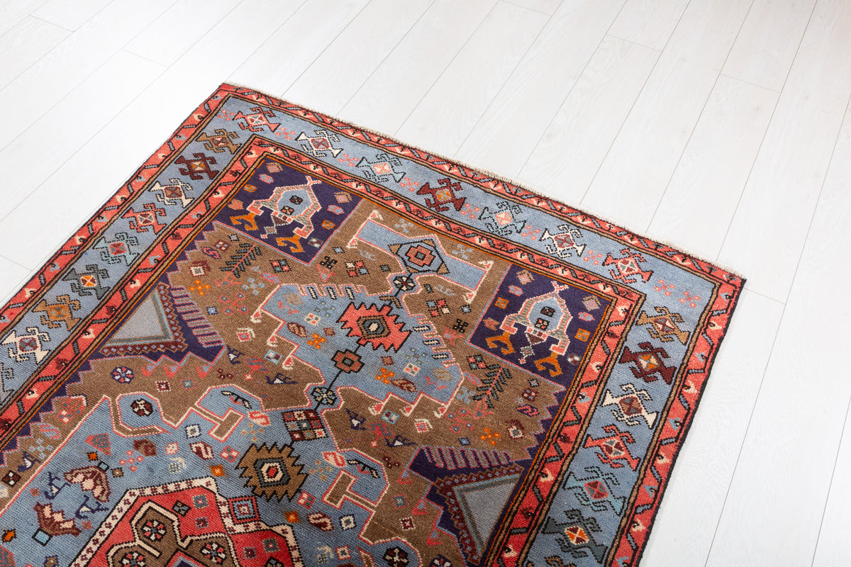 Collectible Vintage Brown, Turquoise Blue Geometric Medallion Area Rug – 6' 1" x 3' 11" (186 x 120 cm)