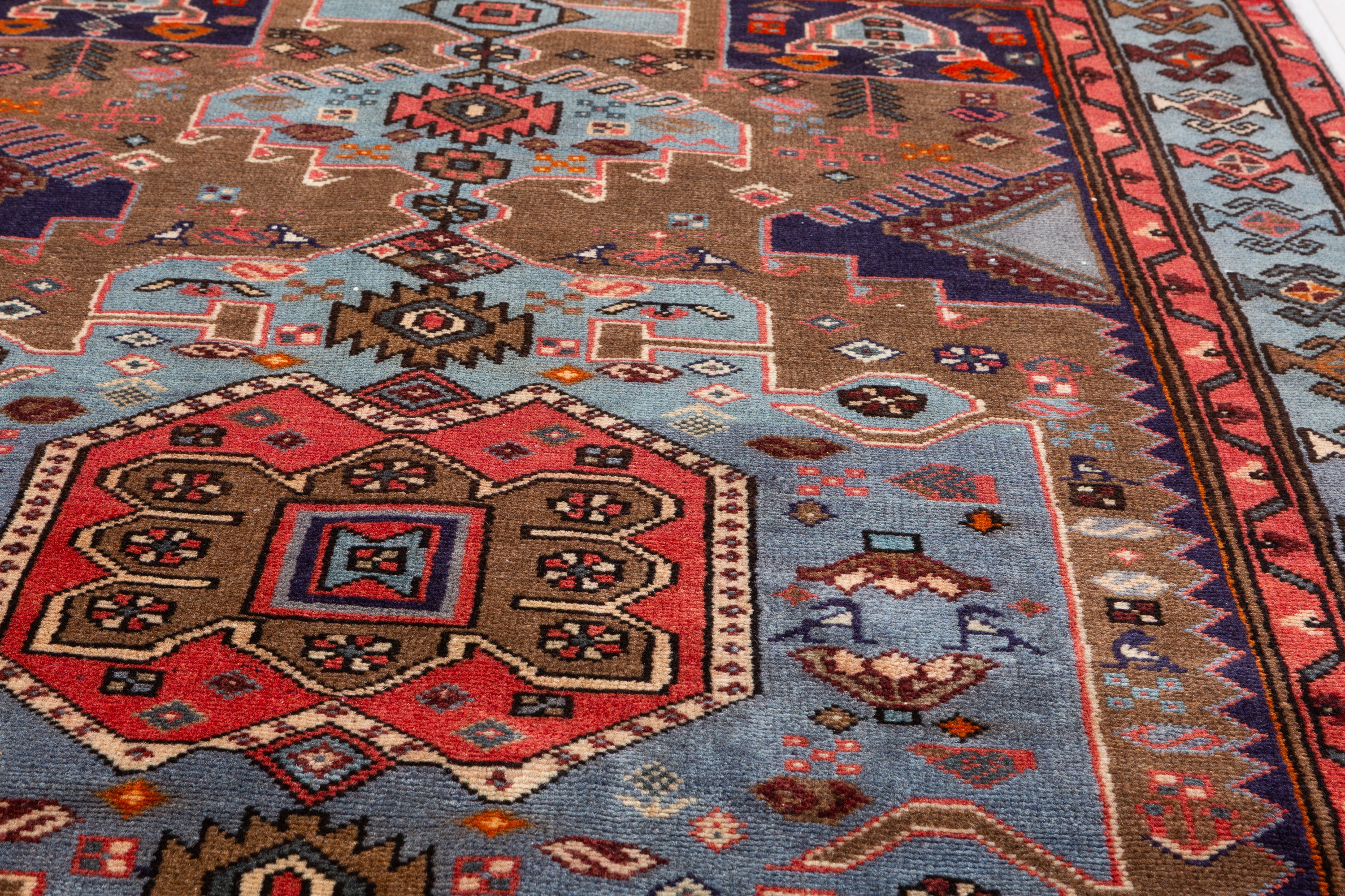 Collectible Vintage Brown, Turquoise Blue Geometric Medallion Area Rug – 6' 1" x 3' 11" (186 x 120 cm)