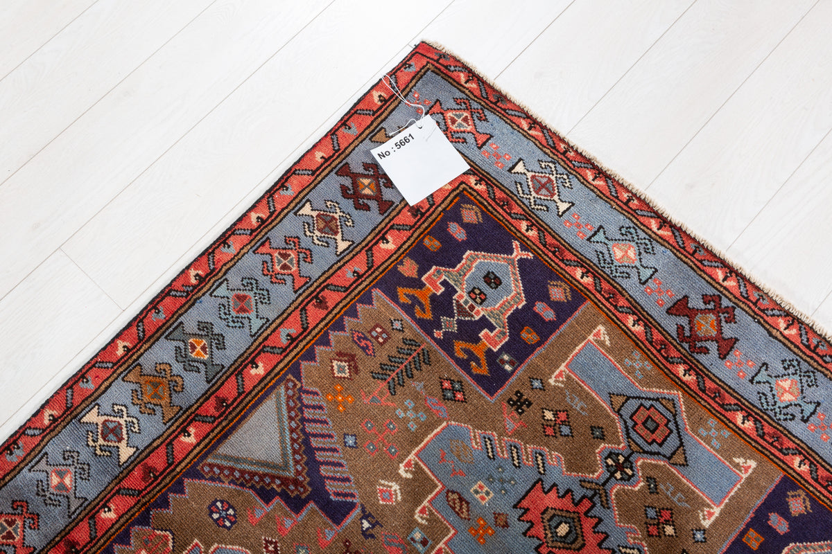 Collectible Vintage Brown, Turquoise Blue Geometric Medallion Area Rug – 6' 1" x 3' 11" (186 x 120 cm)