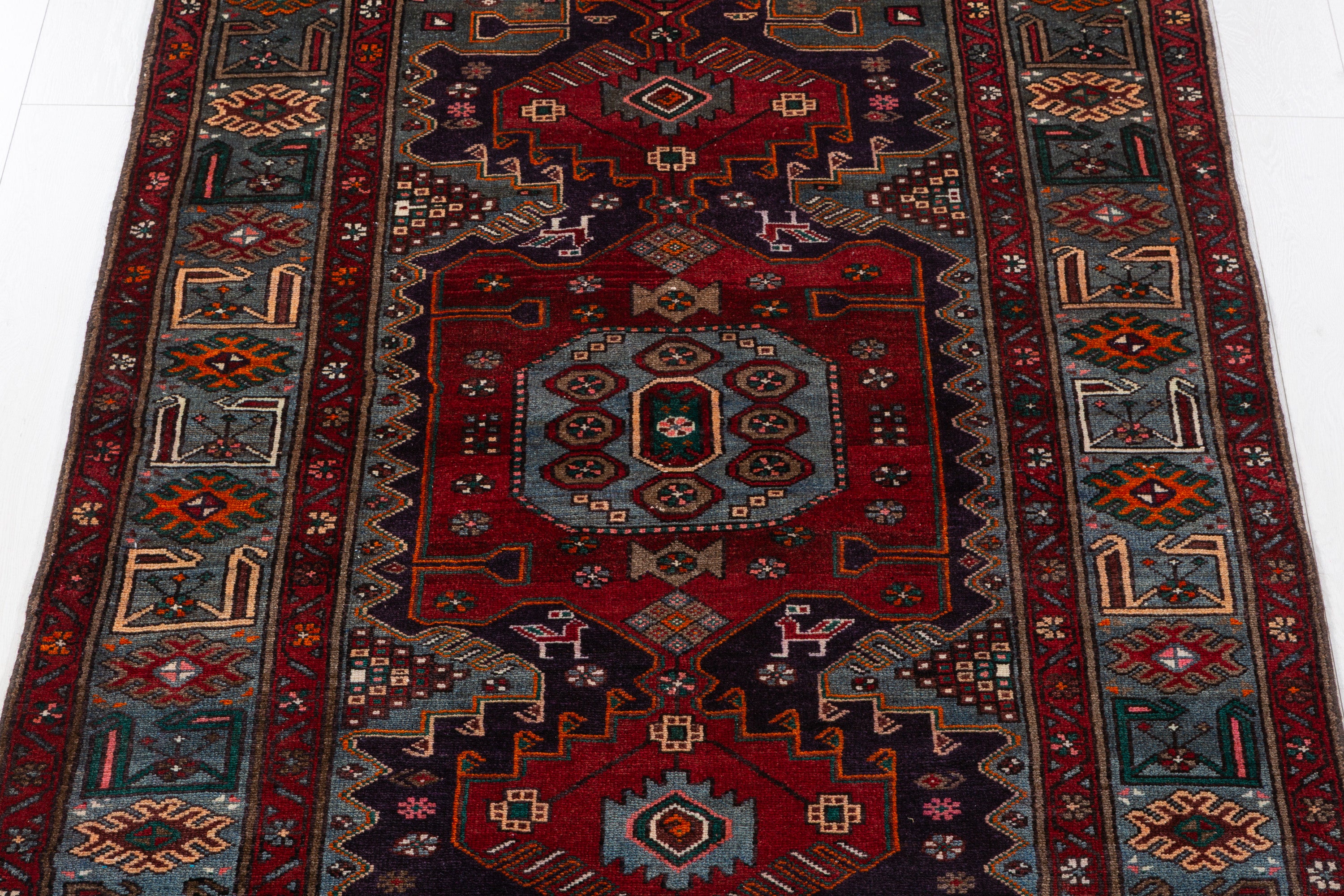 Collectible Vintage Red, Deep Navy Blue Triple Medallion Area Rug – 6' 8" x 4' 3" (204 x 130 cm)