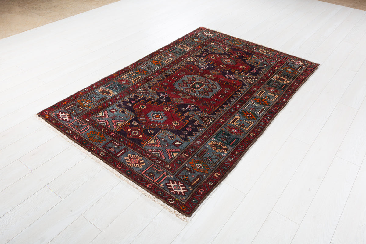Collectible Vintage Red, Deep Navy Blue Triple Medallion Area Rug – 6' 8" x 4' 3" (204 x 130 cm)