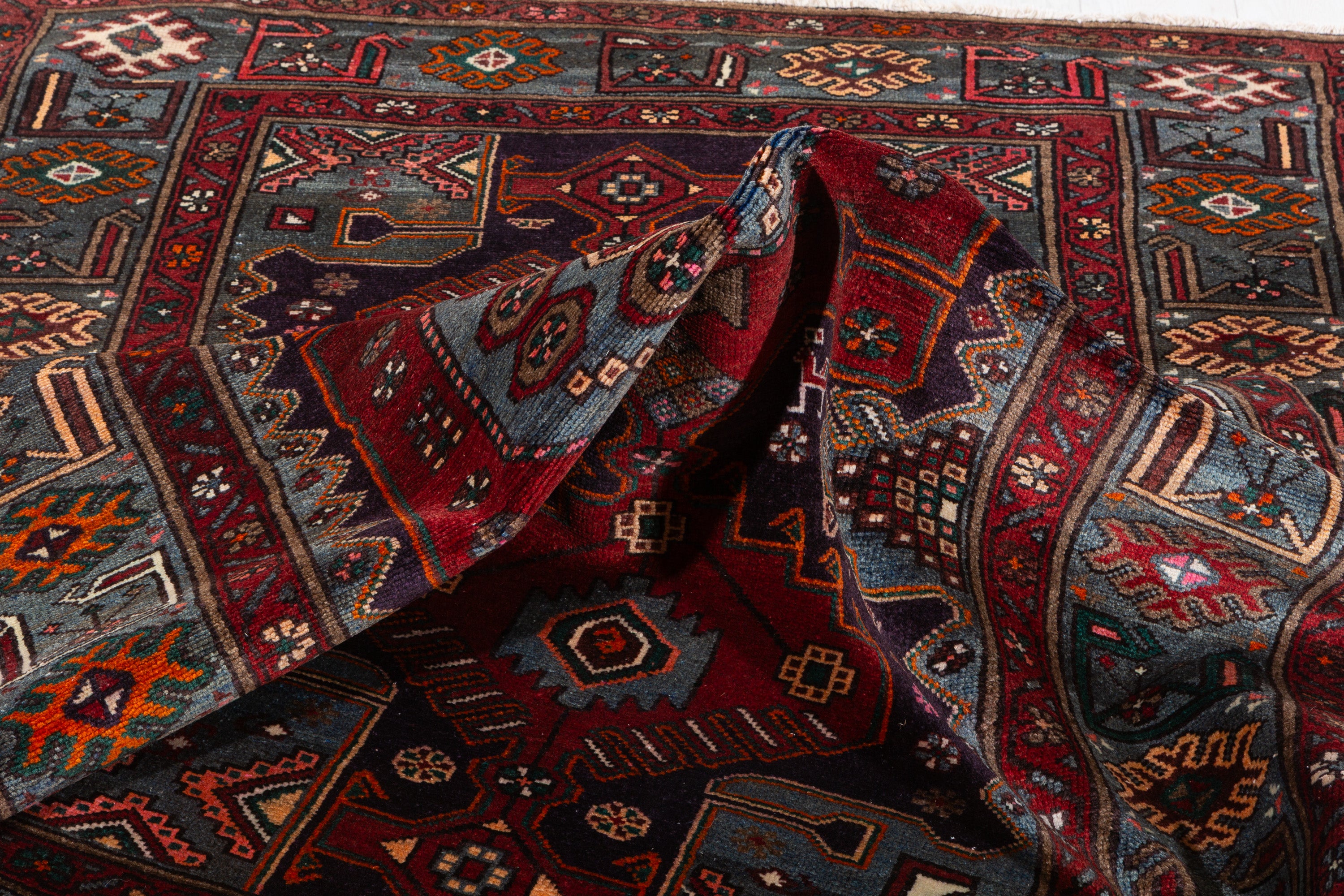 Collectible Vintage Red, Deep Navy Blue Triple Medallion Area Rug – 6' 8" x 4' 3" (204 x 130 cm)