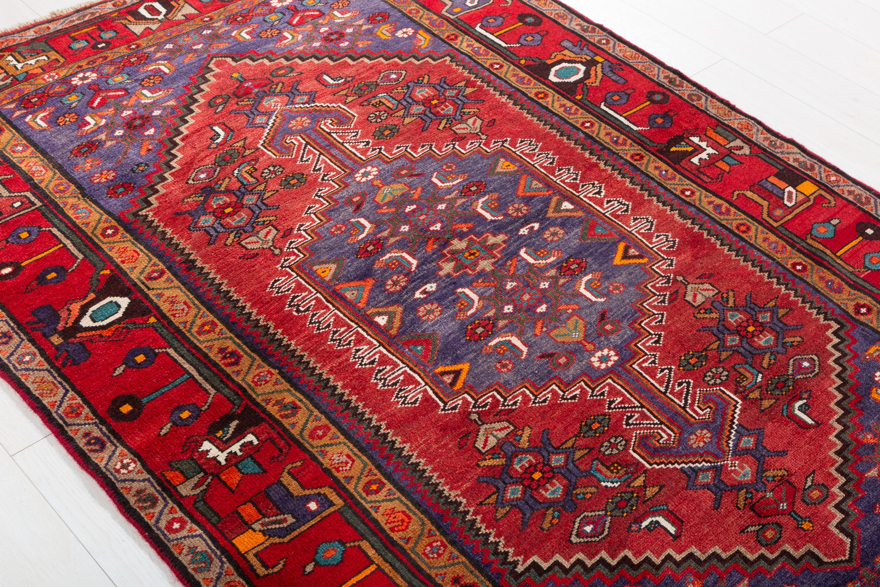 Vintage Rust Red, Navy Blue Central Medallion Area Rug – 6' 10" x 4' 7" (208 x 140 cm)