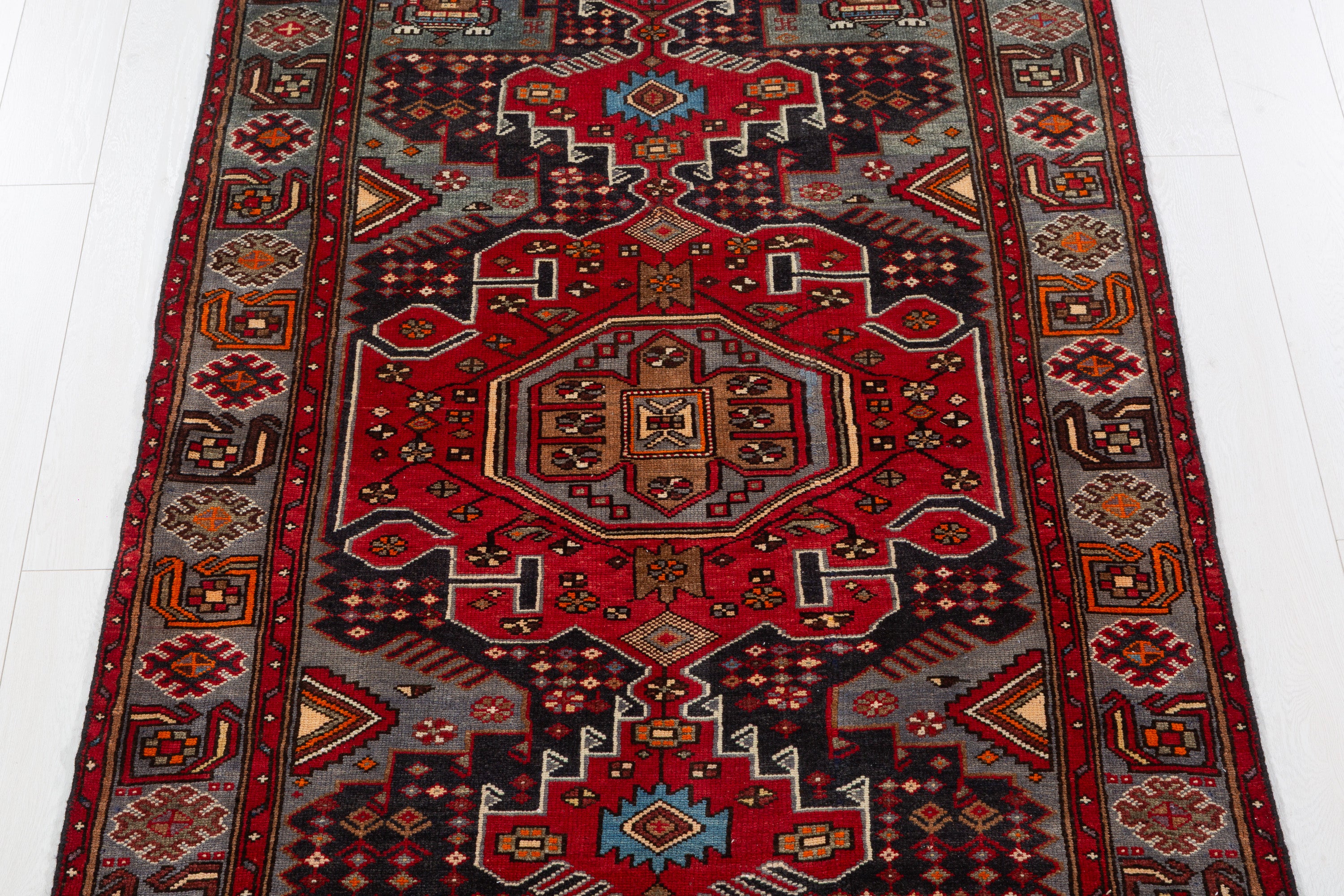 Collectible Vintage Red, Deep Navy Blue Geometric Medallion Area Rug – 6' 7" x 4' 0" (201 x 122 cm)